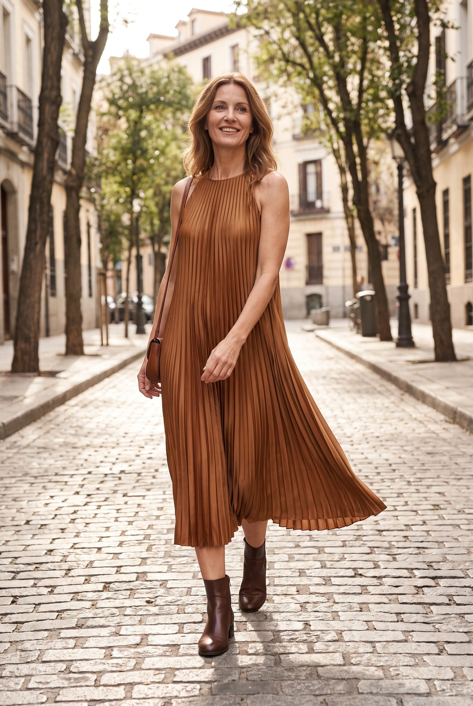 Pairing a Pleated Dress With Smooth Unembellished Boots