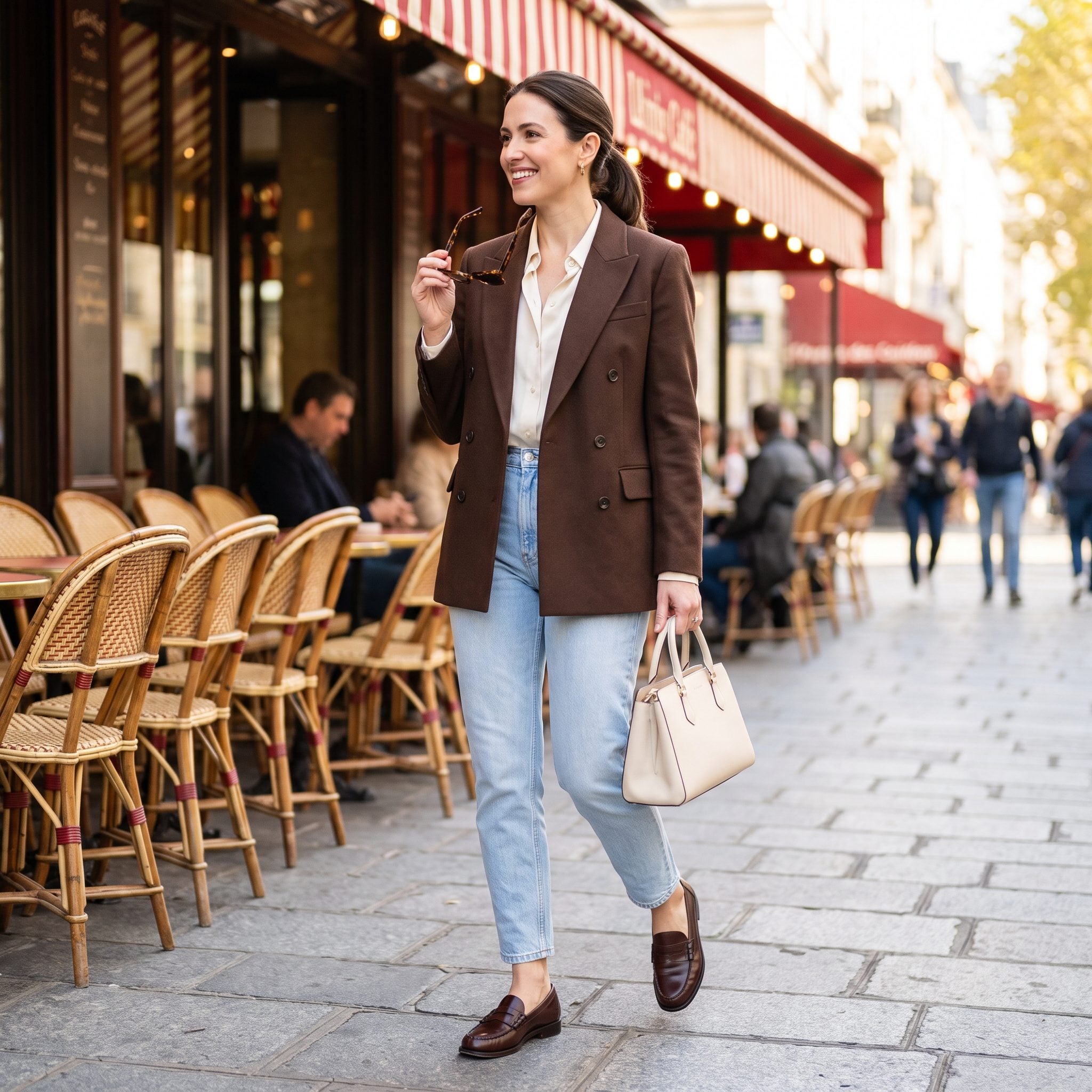 Pale-Blue Tapered Jeans + a Chocolate Blazer