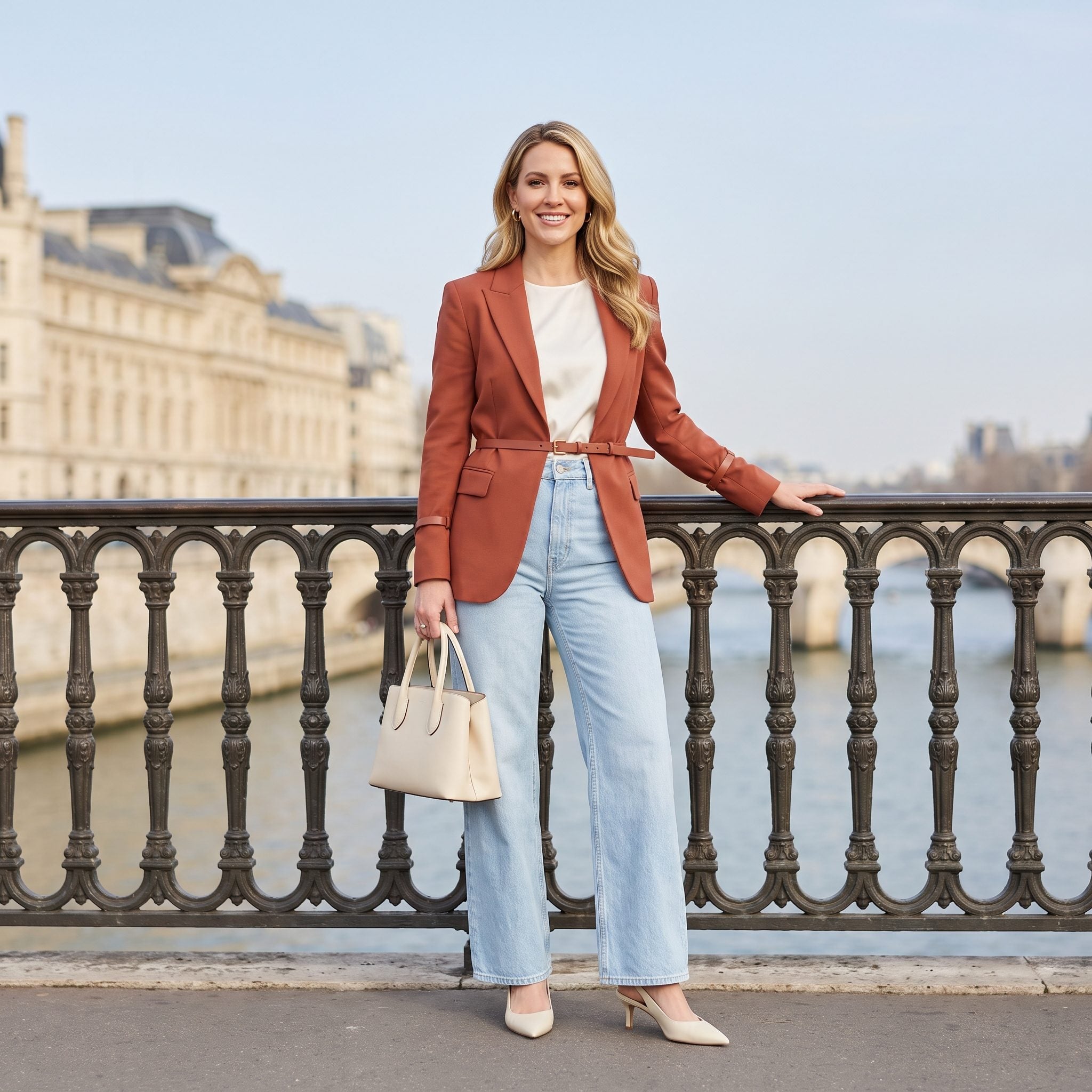 Pale Wide-Leg Jeans + a Terracotta Belted Jacket