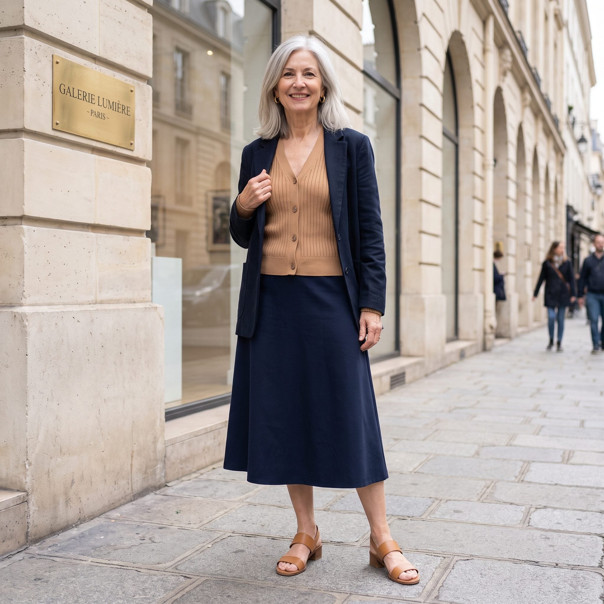 Paris, A Camel Knit Top With a Navy Midi Skirt and Blazer