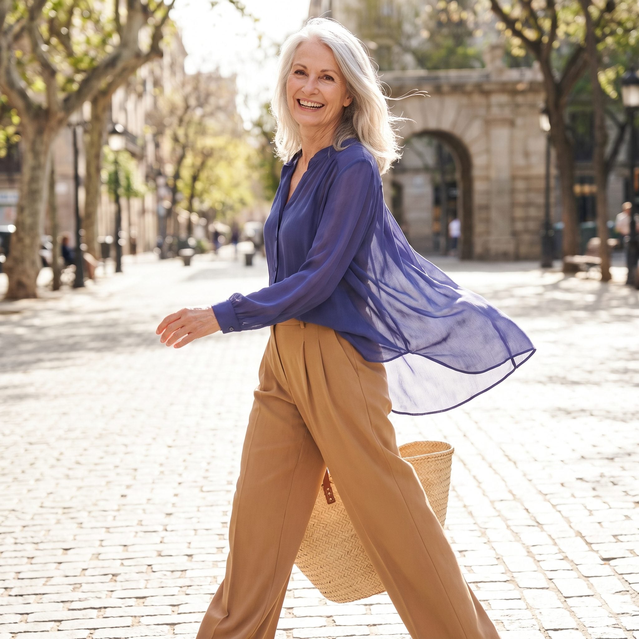 Paris, A Flowing Blue Blouse With Camel Wide Legs