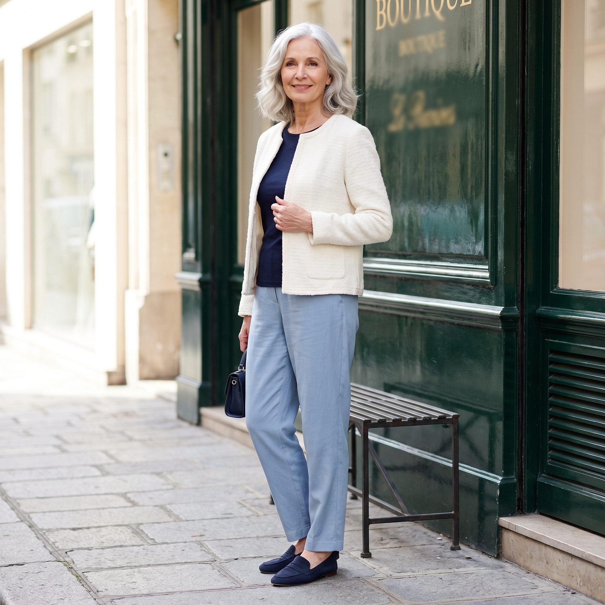 Paris, An Ivory Bouclé Jacket With Soft-Blue Trousers