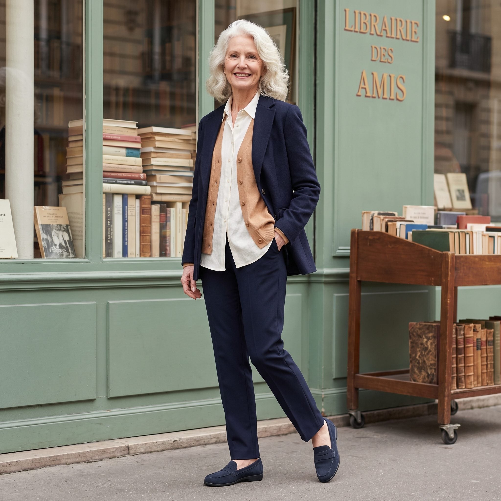 Paris, An Ivory Shirt Peeking Through Camel Knit and Navy Tailoring