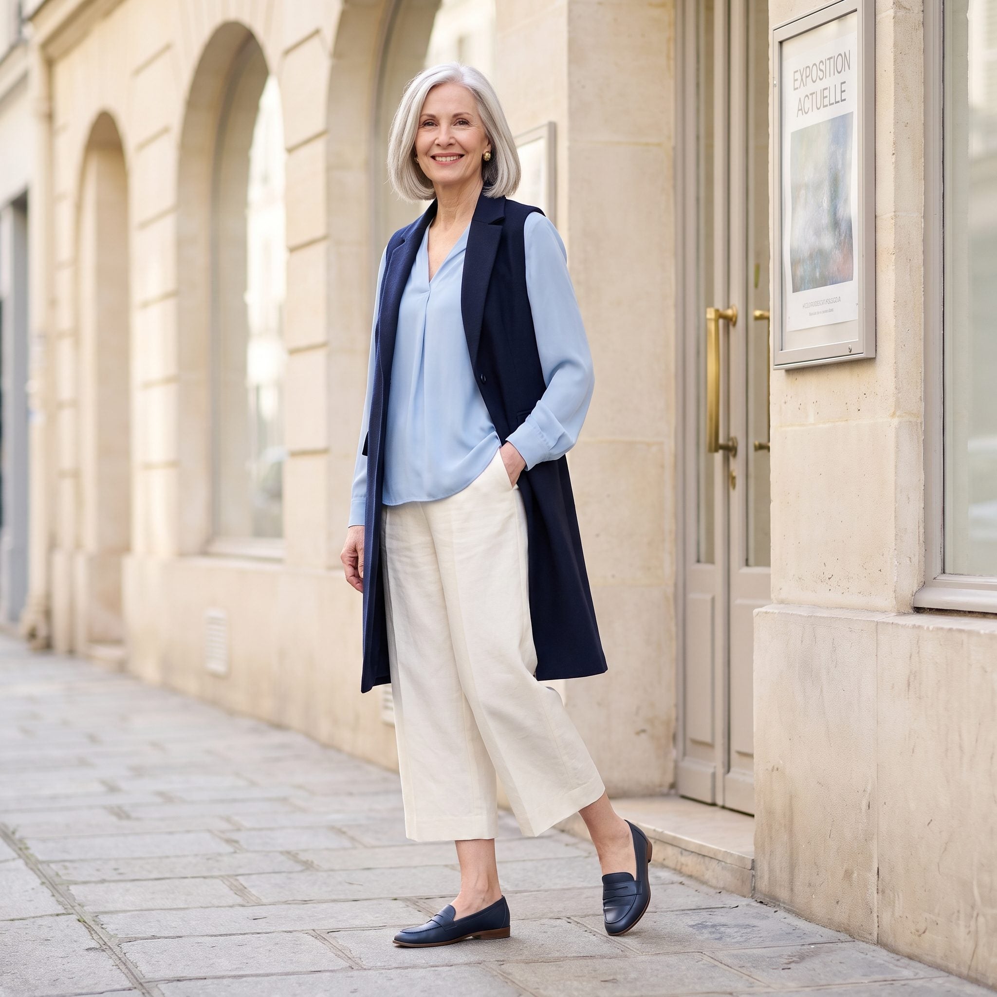 Paris, A Soft-Blue Blouse With Ivory Culottes and a Navy Waistcoat
