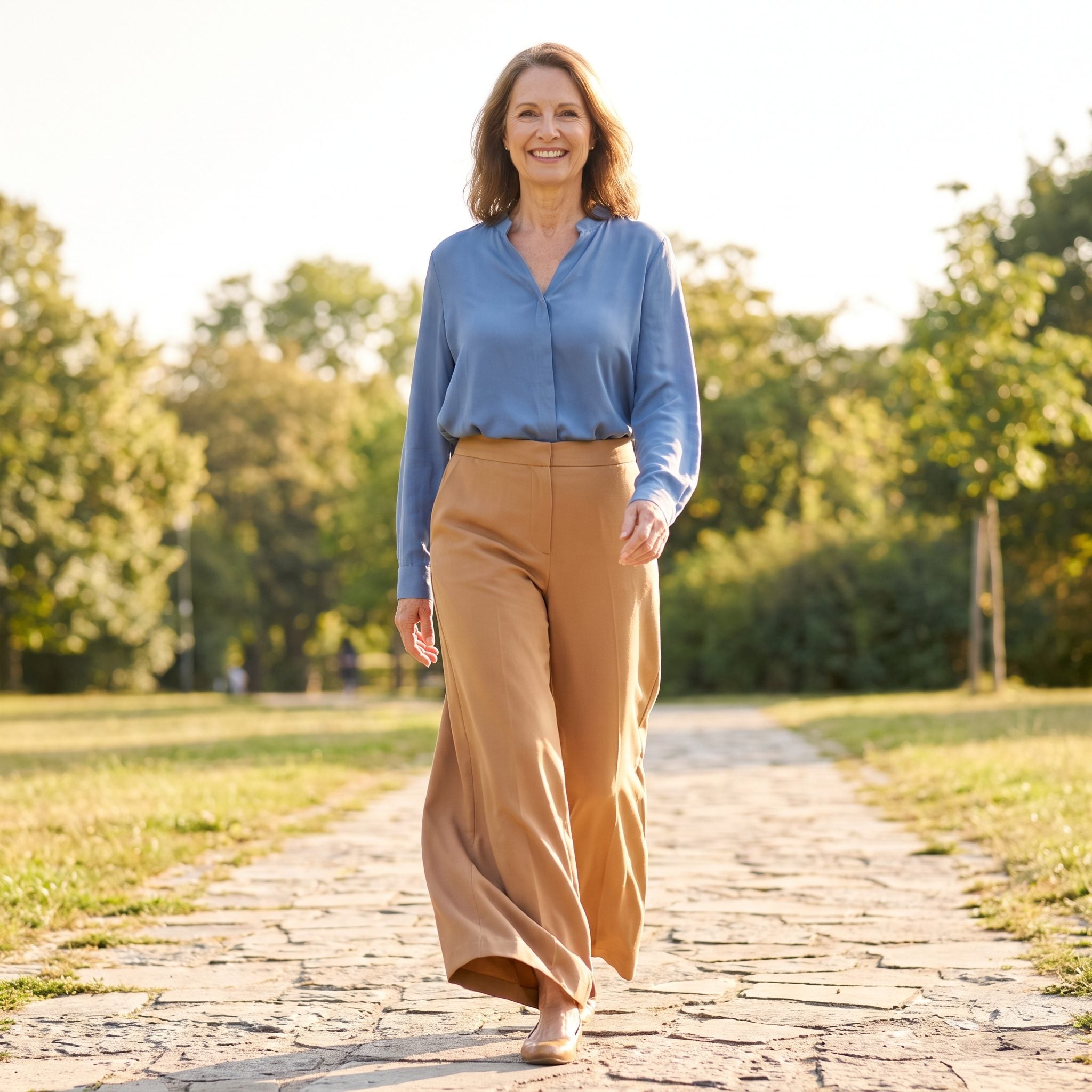 Paris, Soft Blue With Flowing Camel Trousers