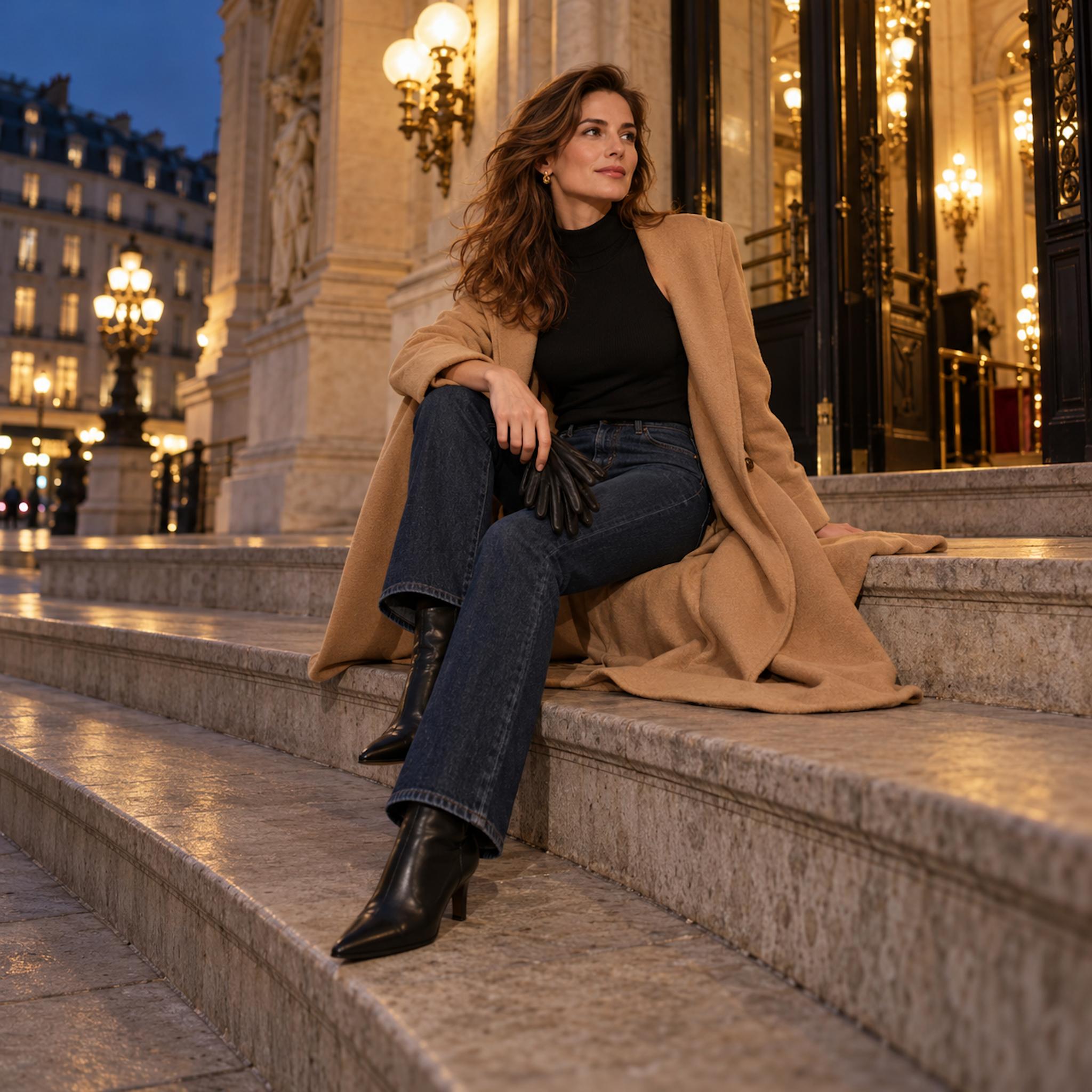 Dark indigo straight jeans with a sleeveless black mock neck and camel coat on Paris theater steps at night