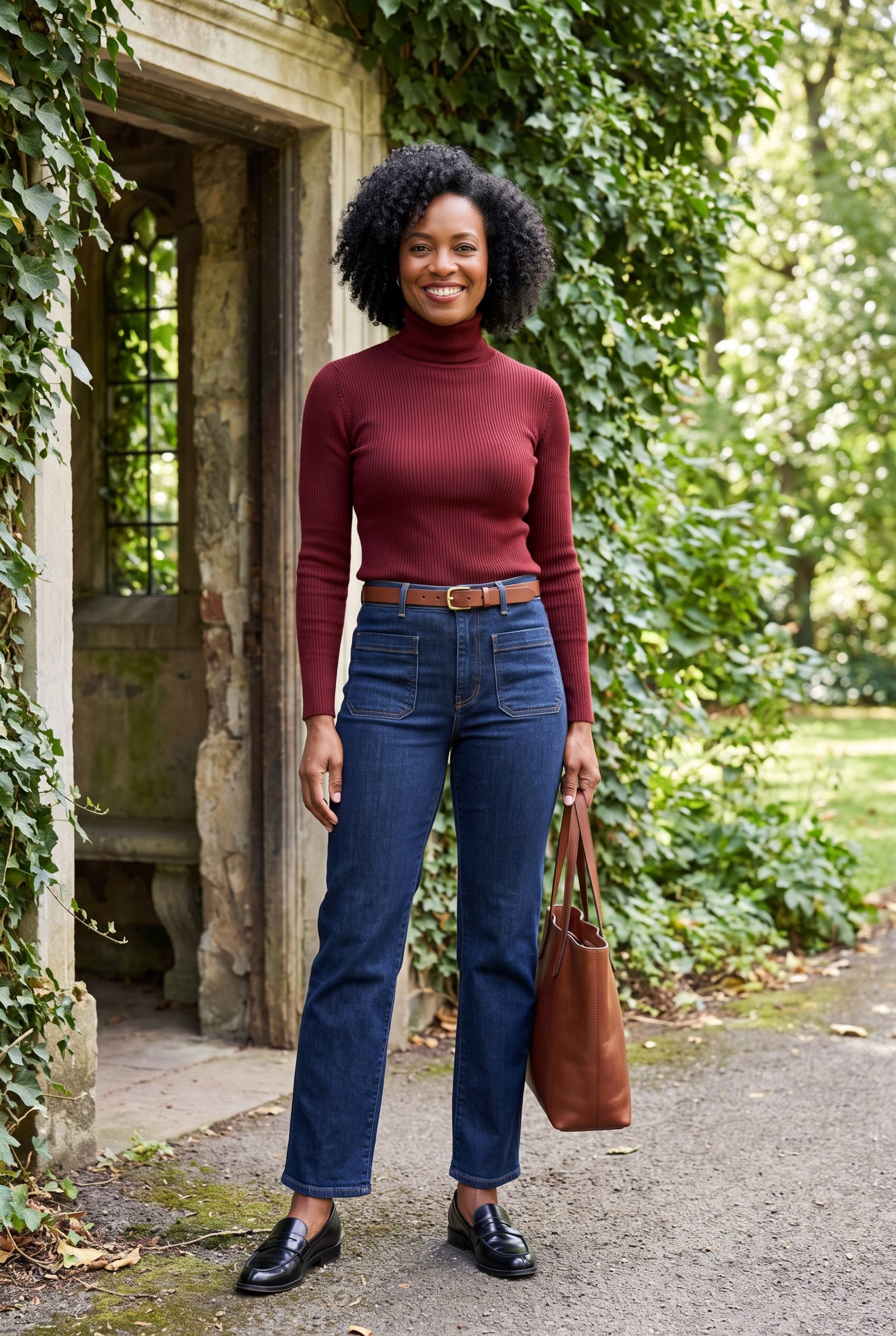 Patch-Pocket Jeans + Oxblood Turtleneck