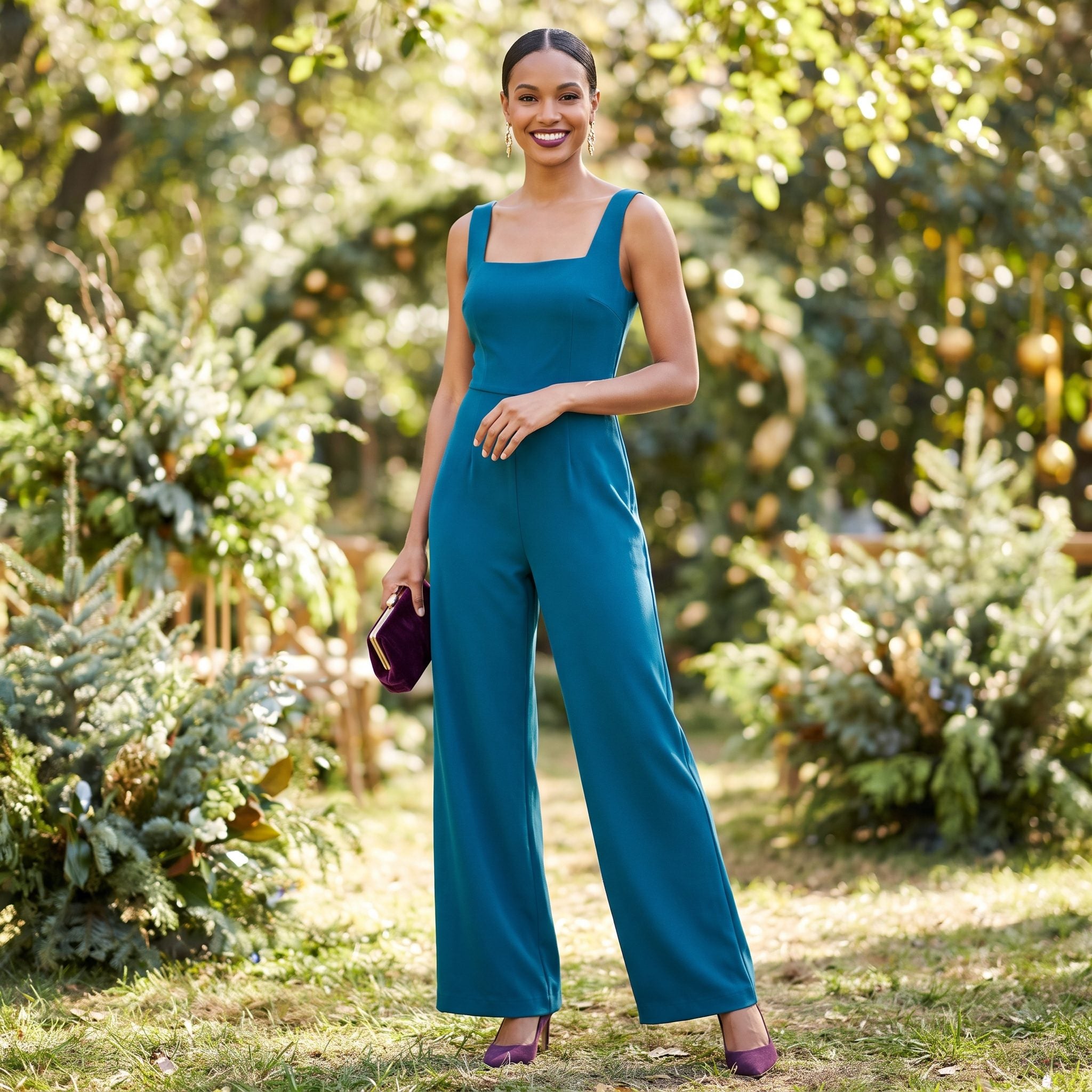 Peacock-blue wide-leg jumpsuit with aubergine accessories
