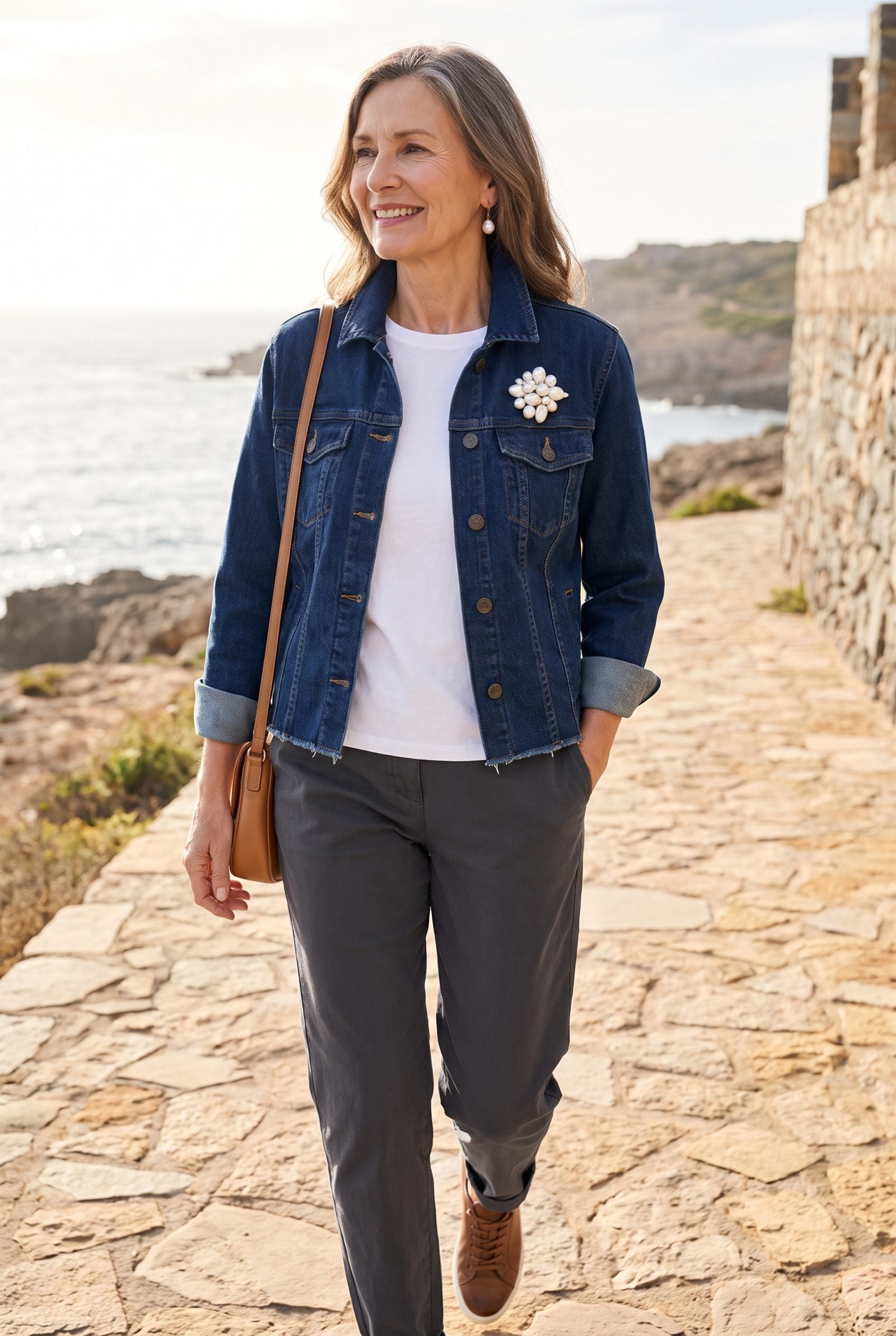 A Pearl Brooch on a Denim Jacket's Chest Pocket
