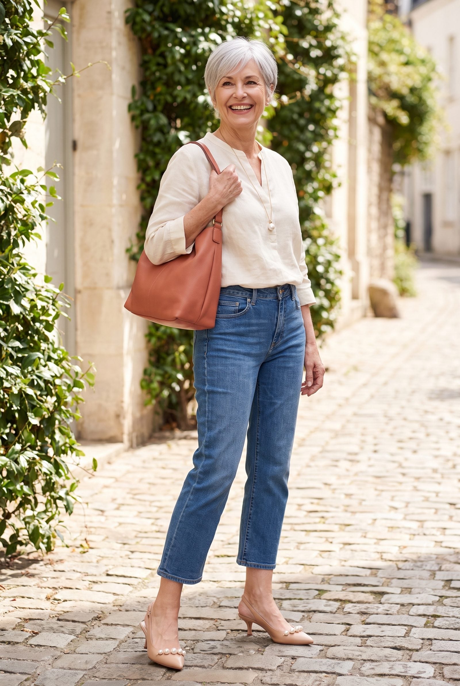 Pearl-Embellished Slingback Pumps With Cropped Jeans