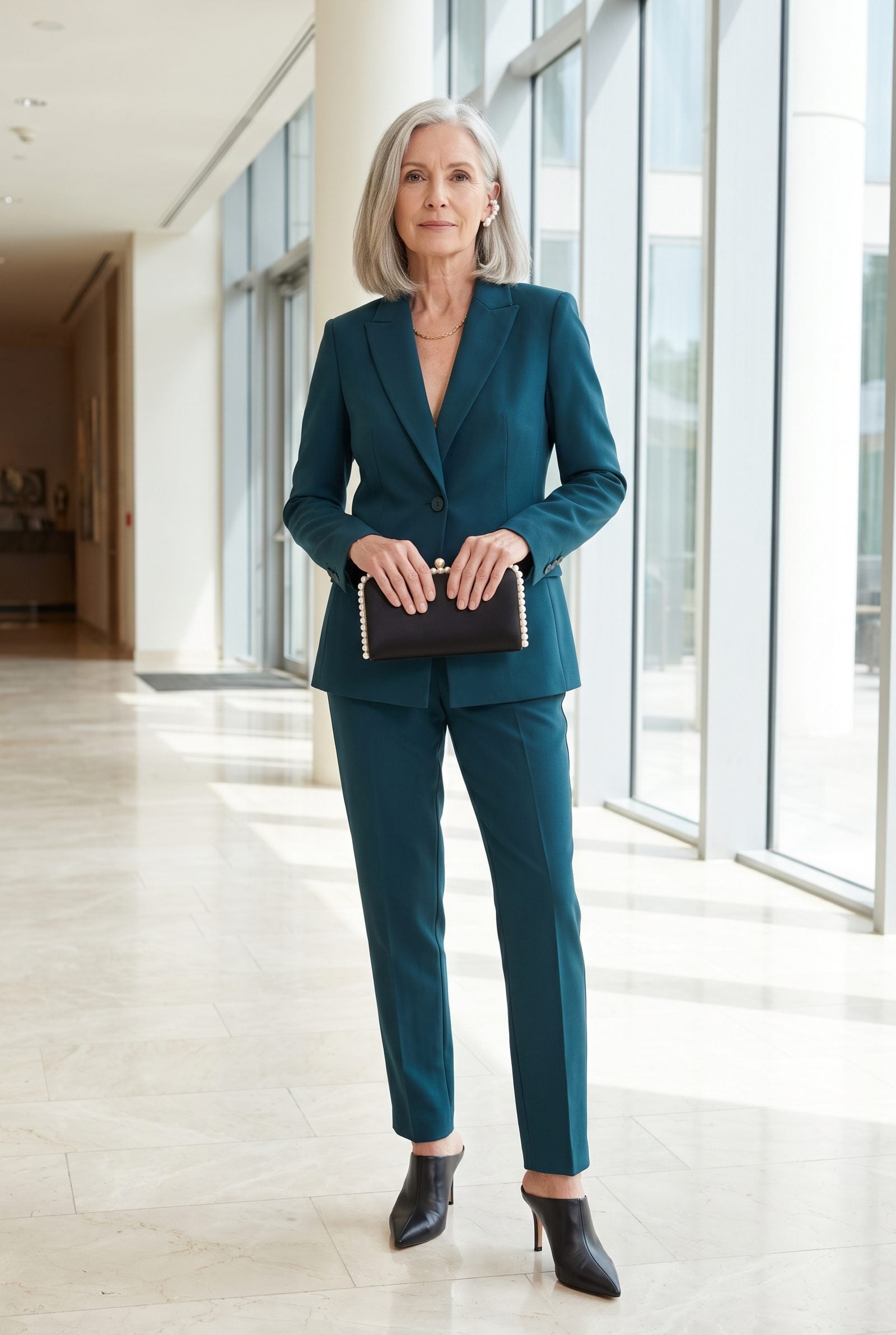 A Pearl-Framed Clutch With a Modern Pantsuit