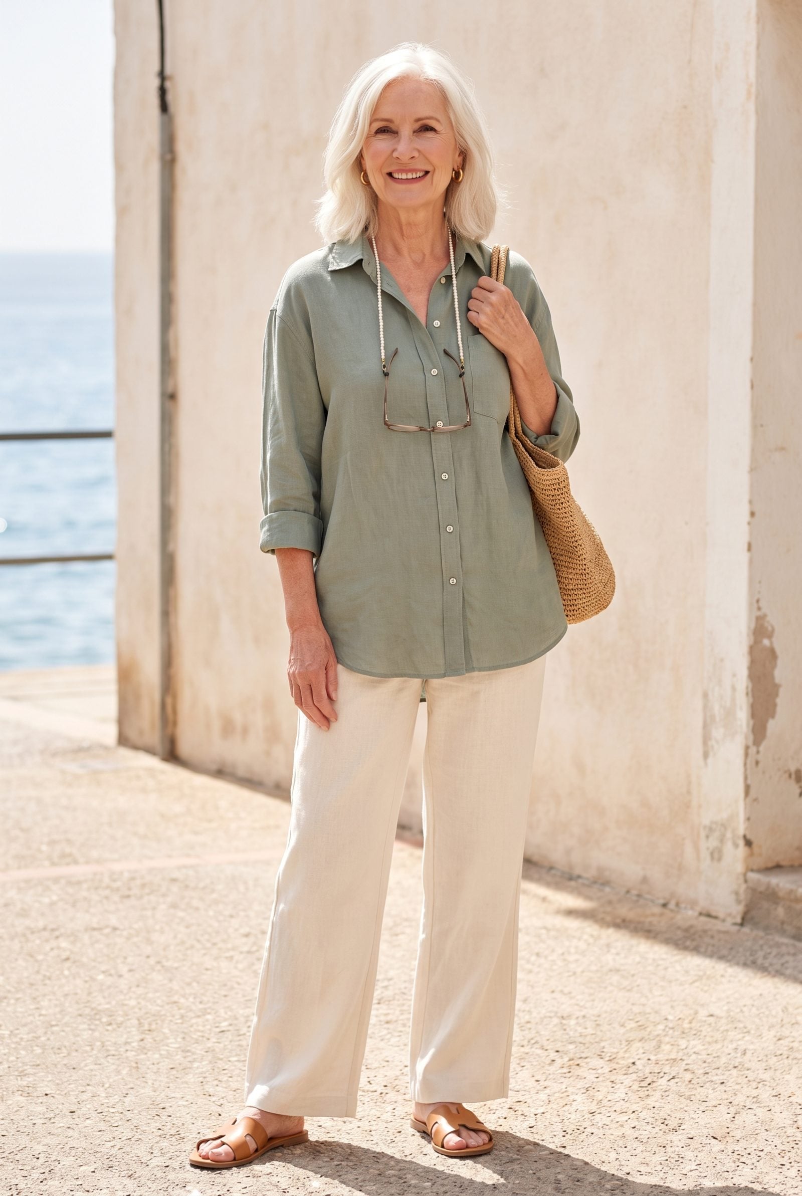 A Pearl Glasses Chain With a Linen Shirt