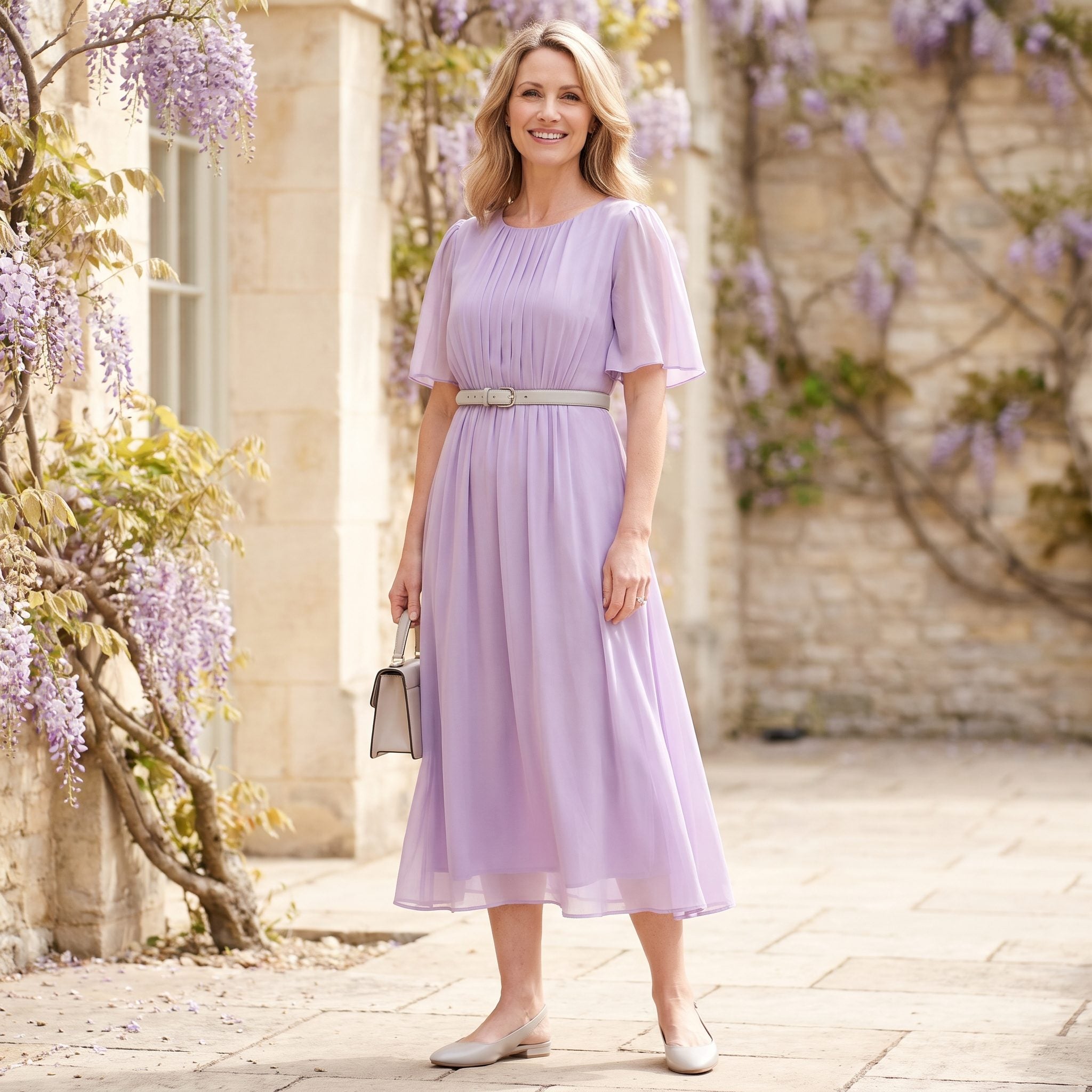 Lavender georgette dress with a pearl-gray belt worn beneath the bust