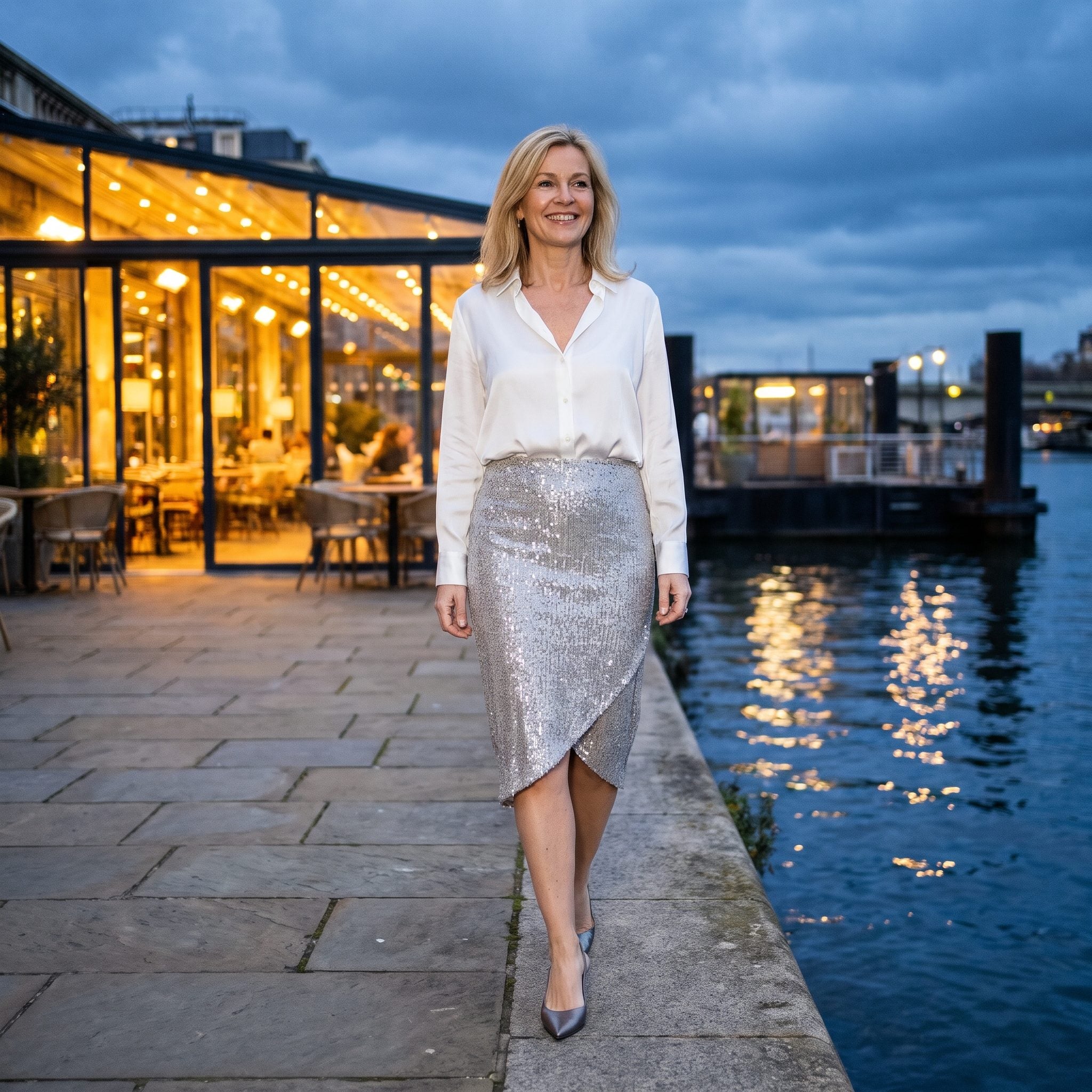 Pearl-Gray Sequins with a White Silk Shirt
