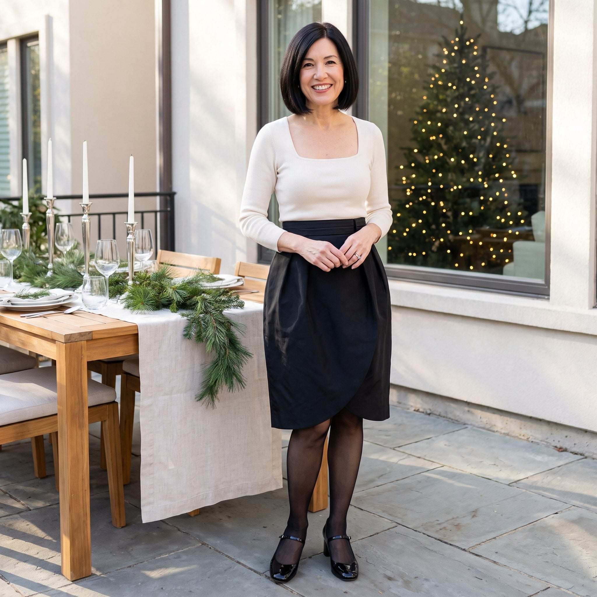 Pearl-colored knit top with a structured black taffeta tulip skirt