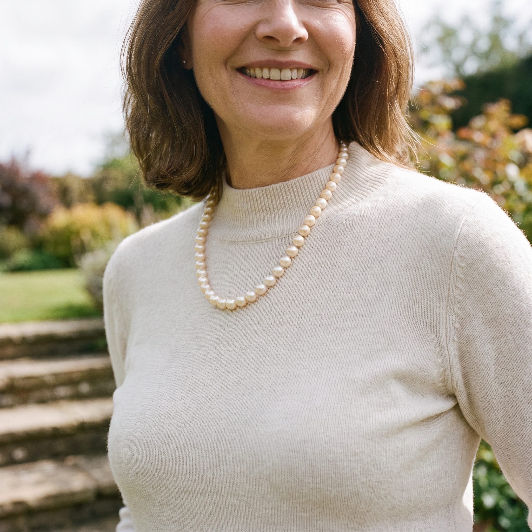 Classic 1950s pearl necklace worn with a fitted sweater
