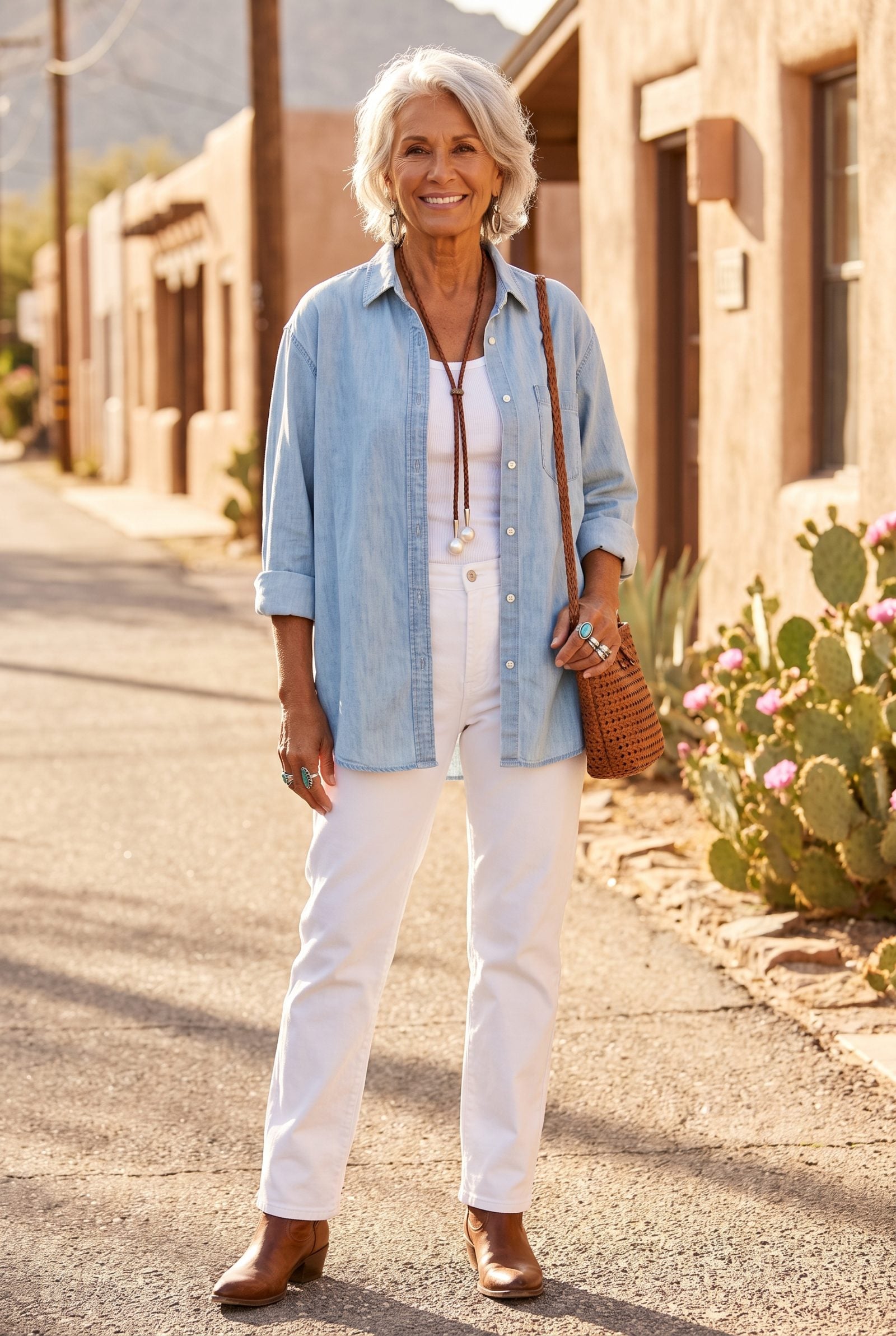 A Pearl-Tipped Bolo Necklace With a Chambray Shirt
