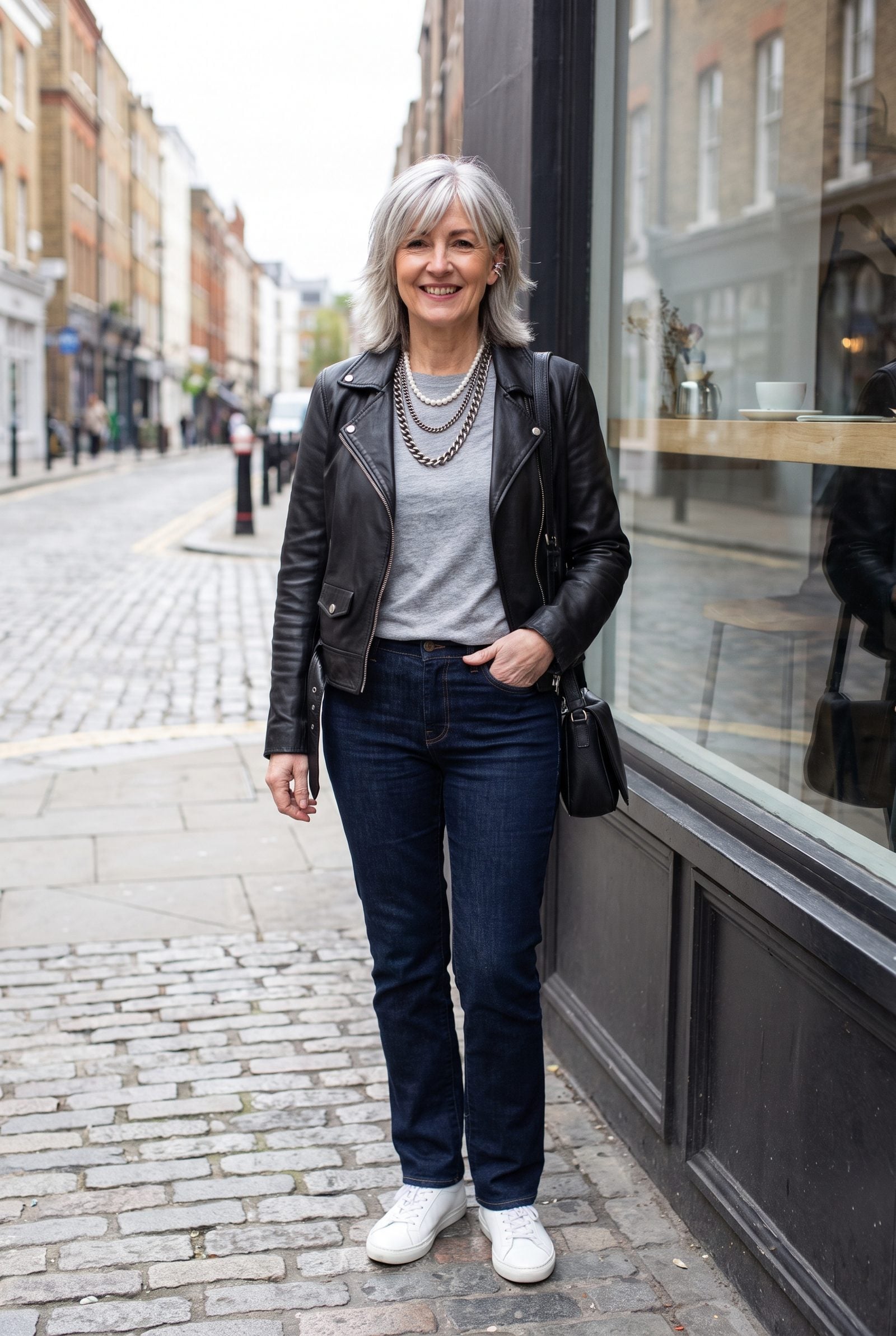 Pearls and Chunky Silver Chains With a Leather Jacket
