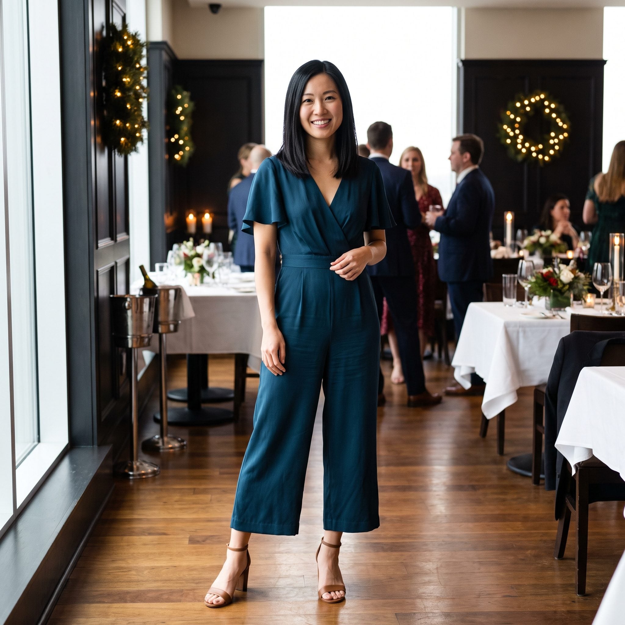 Petrol-blue silk jumpsuit with flutter sleeves and cropped wide legs