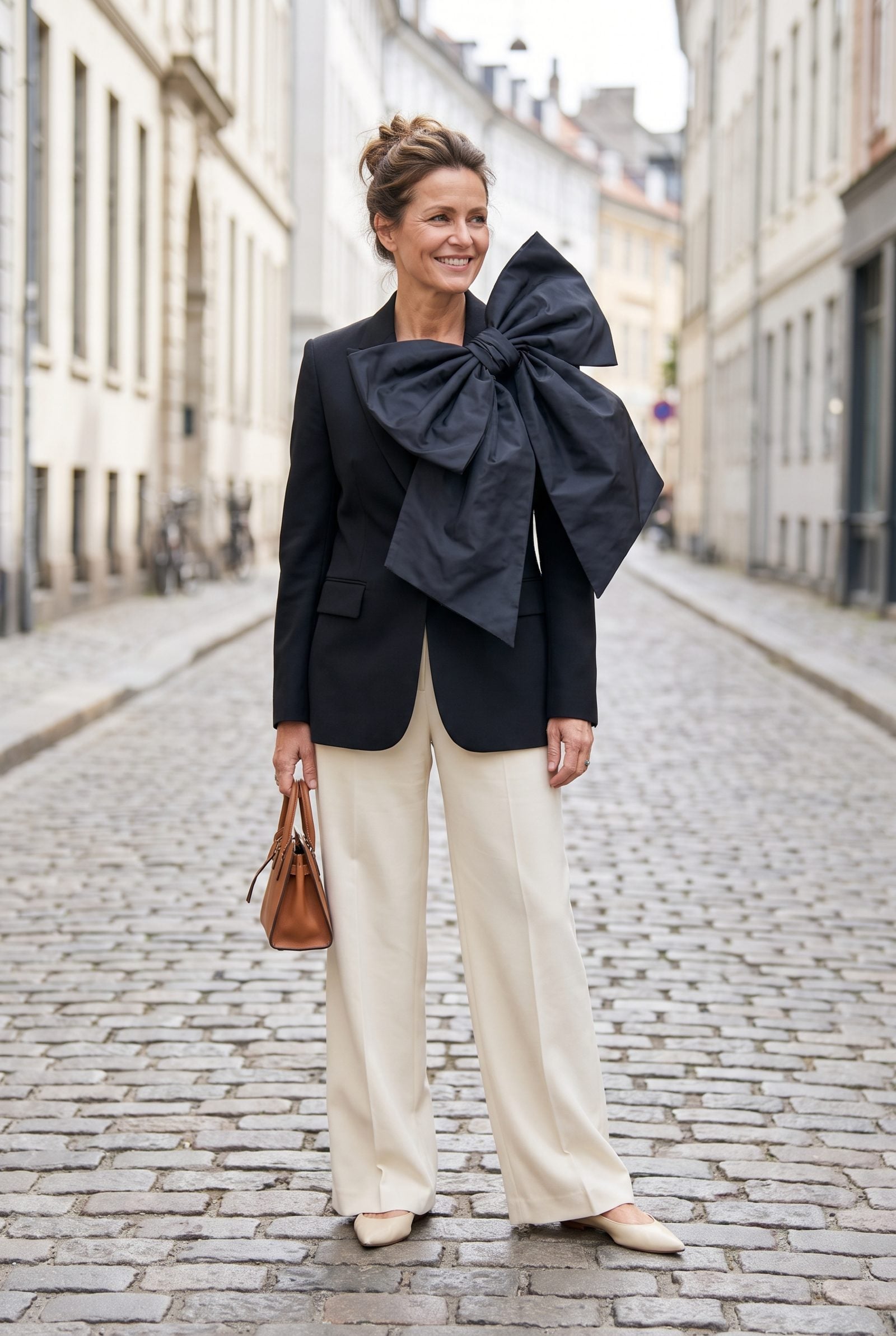 Woman in a black satin sheath dress with an oversized red taffeta bow spanning shoulder to shoulder across the chest.