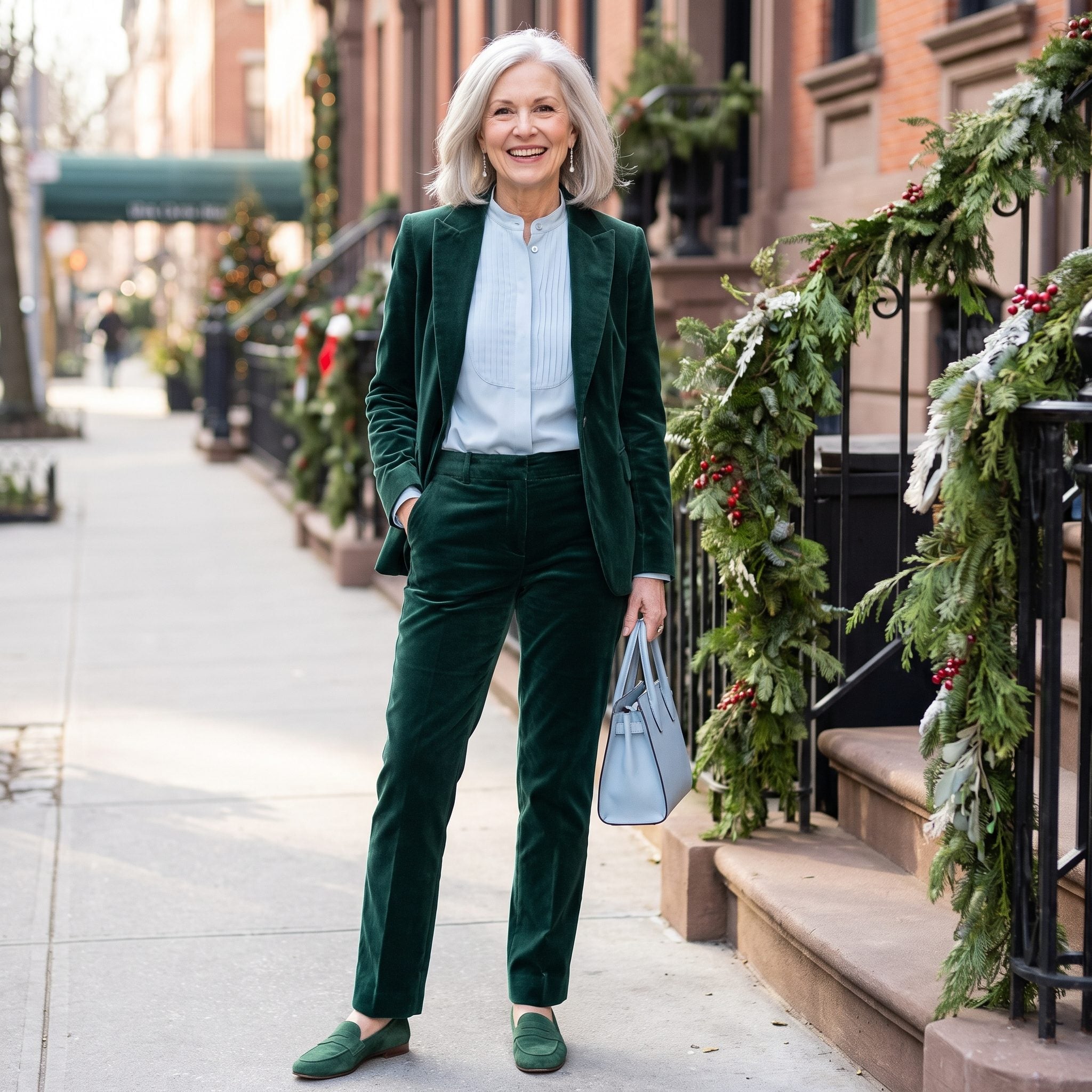 Pine-green velvet trousers with a pale-blue pleated blouse
