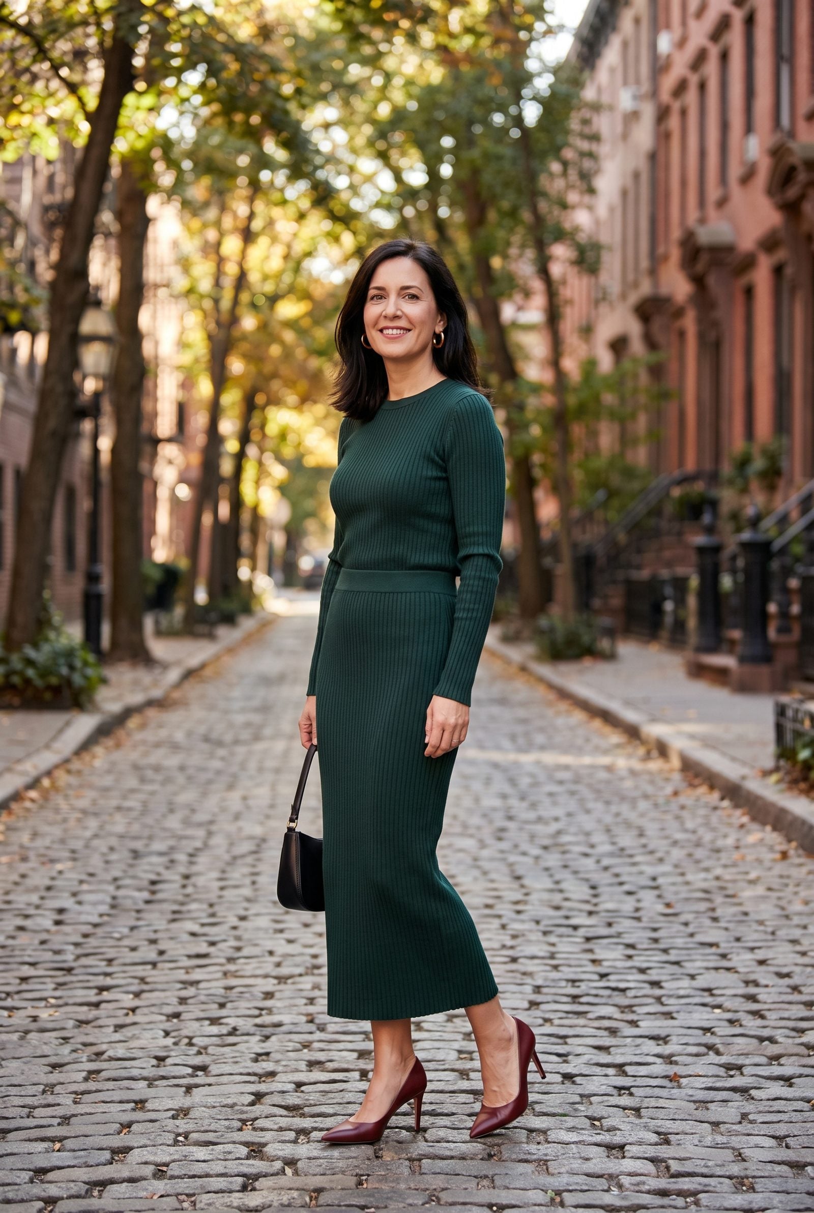 Pine Ribbed Skirt Set With Oxblood Pumps