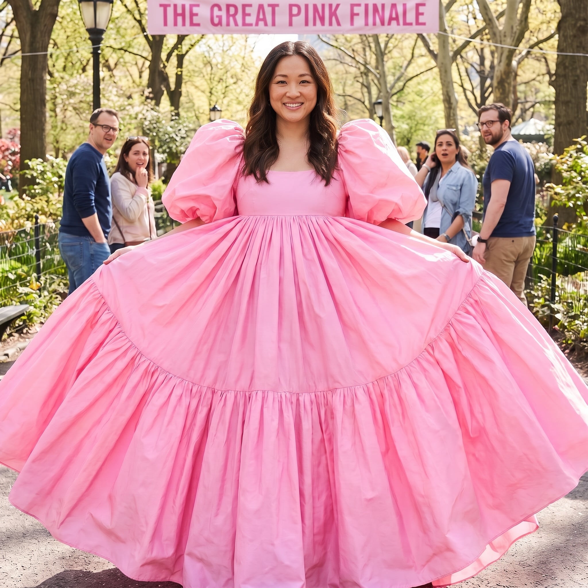 1980s bubblegum-pink taffeta gown with giant puff sleeves, bows, ruffles, and a tiered skirt
