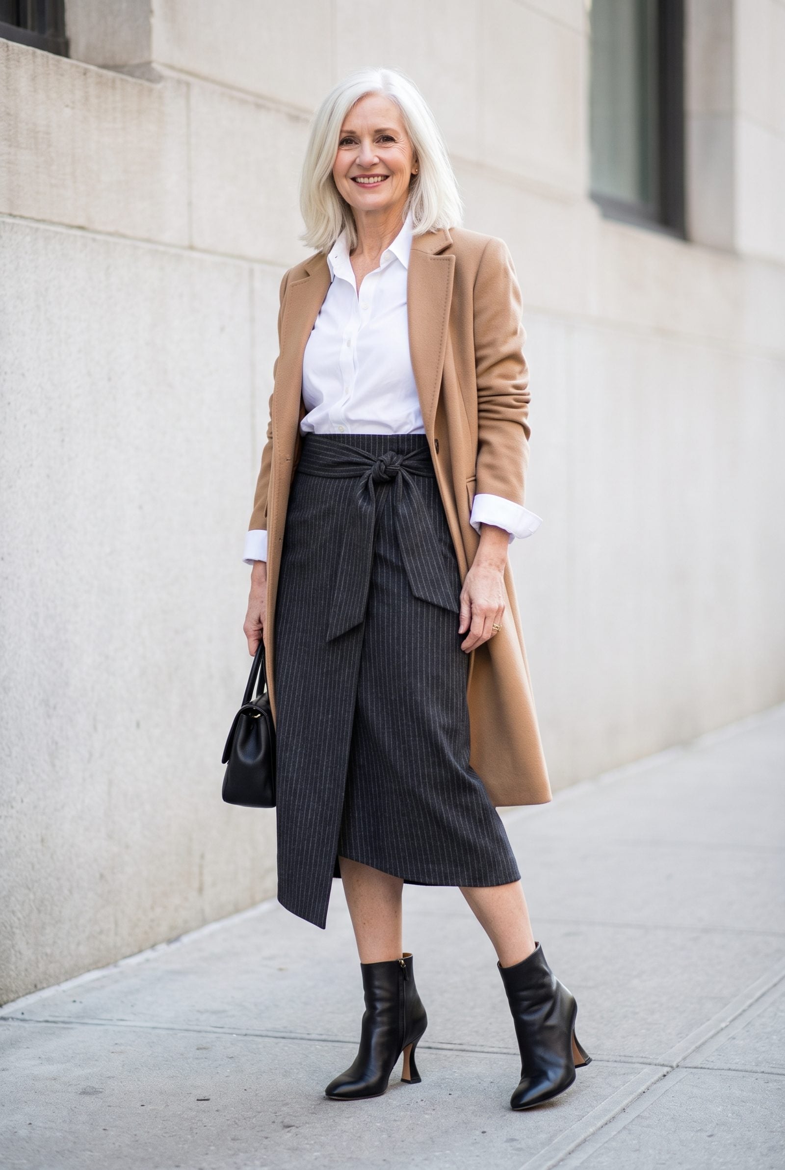 Pinstripe Wrap Skirt With Sculptural-Heel Boots