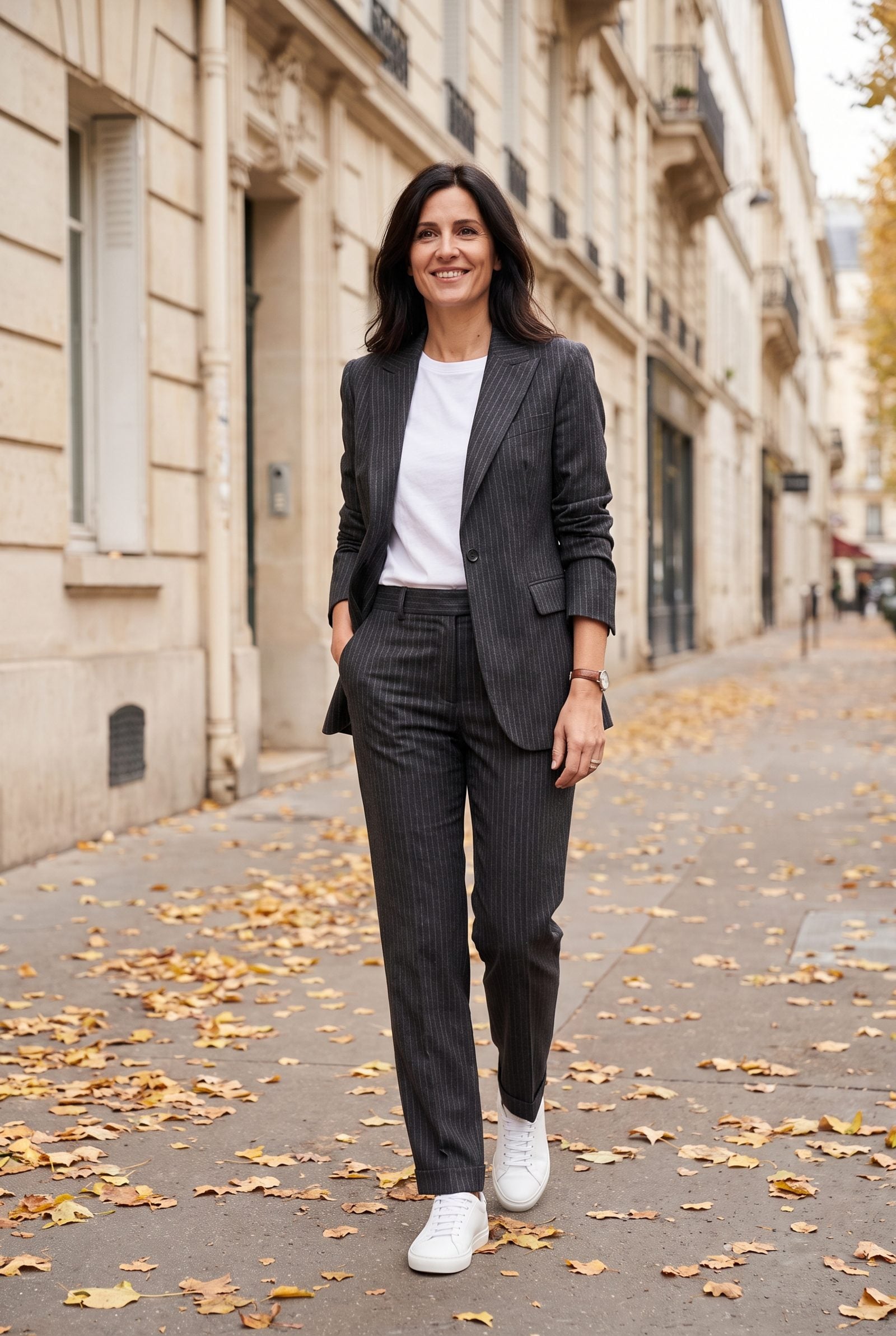 Pinstriped Pantsuit With Streamlined Leather Sneakers
