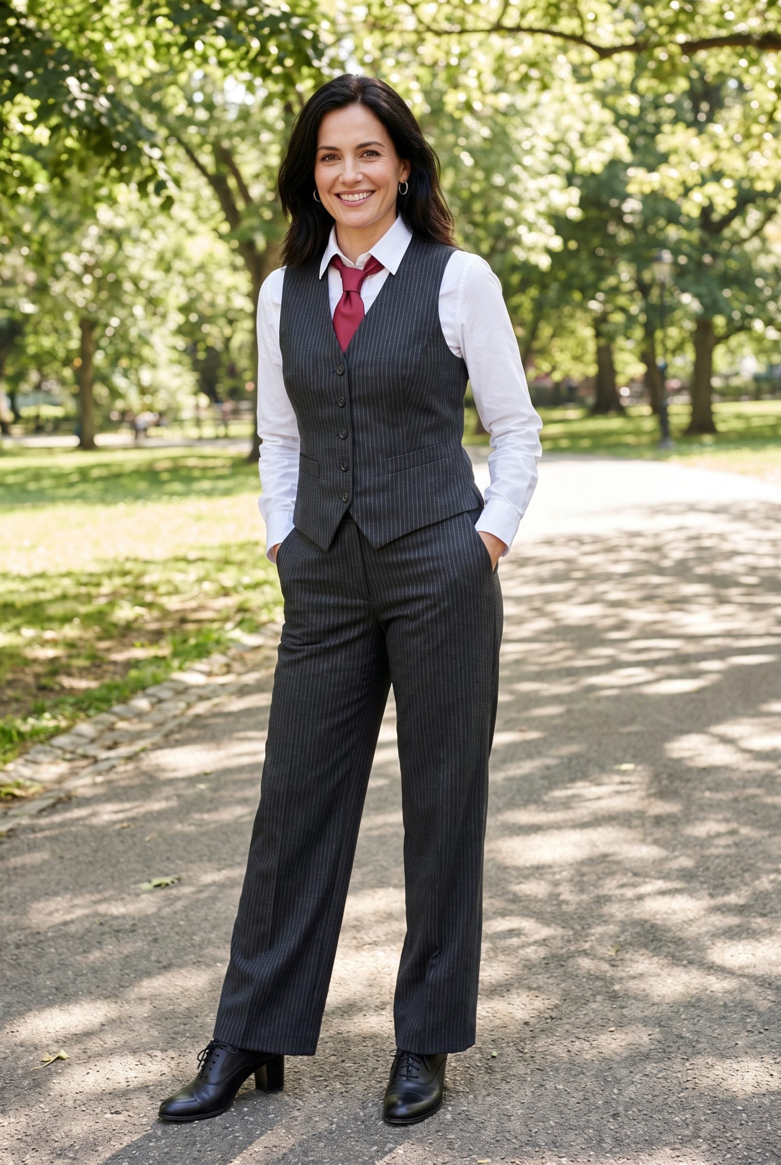 Pinstriped Vest Suit With a Crimson Tie