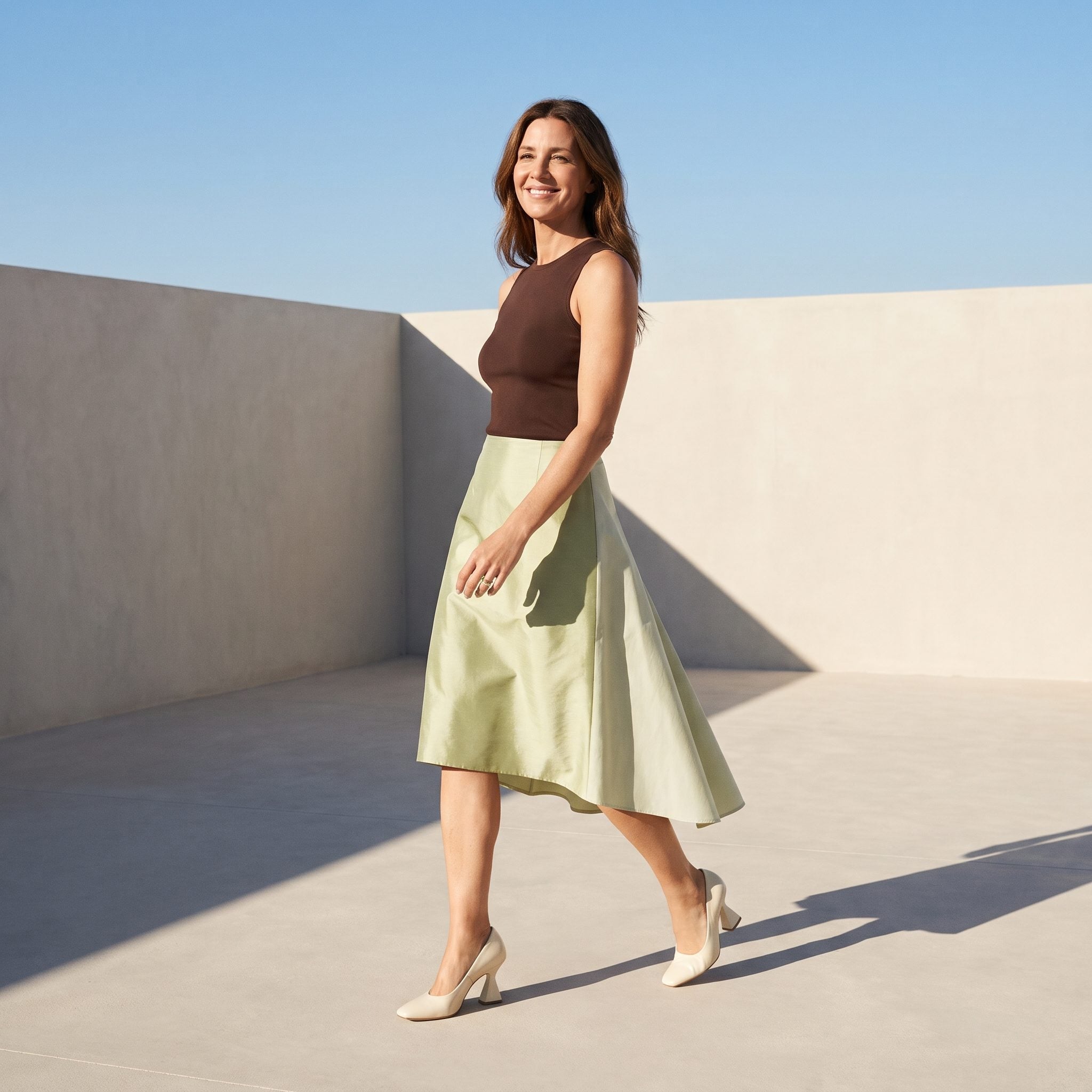 Pistachio Shantung Skirt with an Angular Back Panel