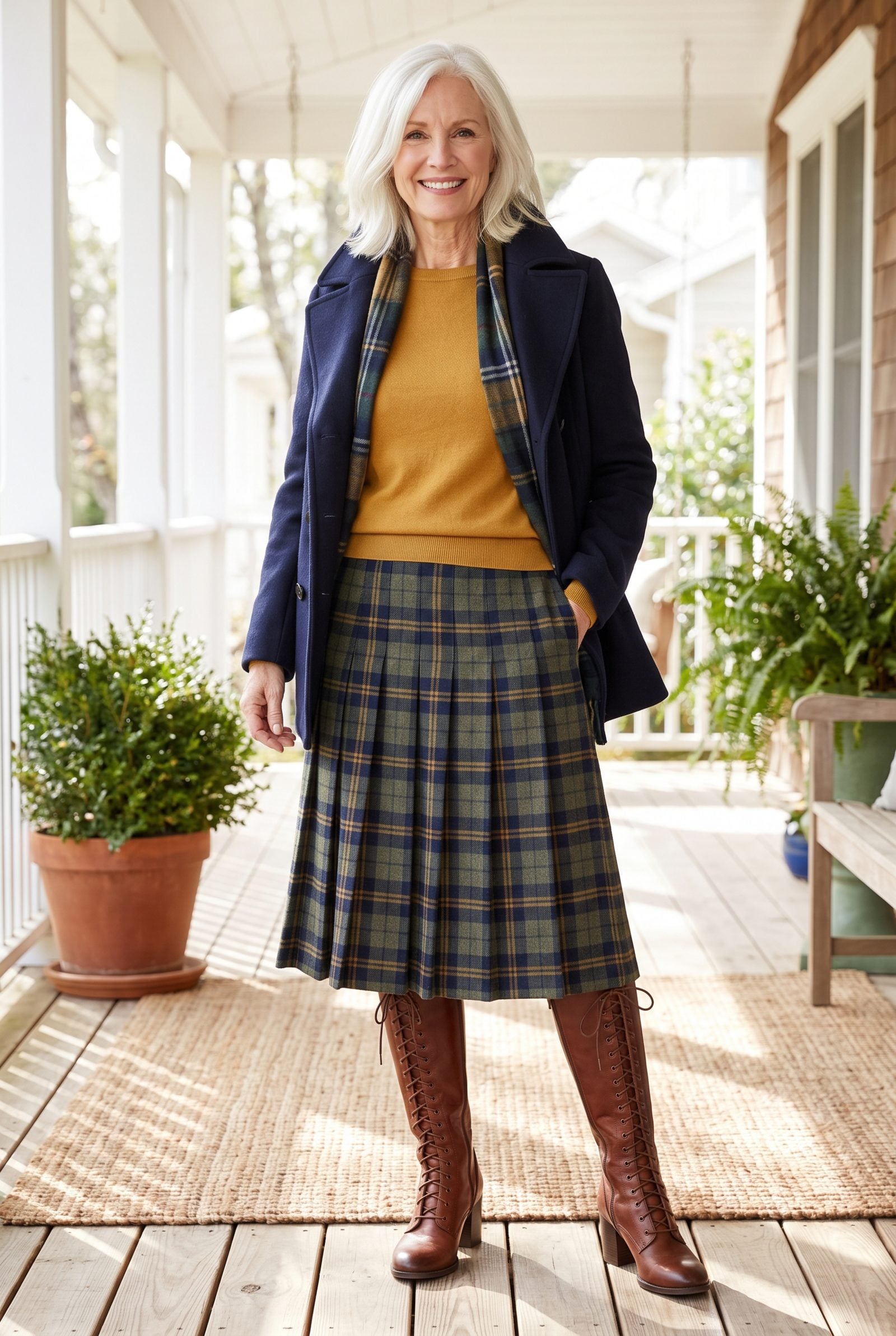 Plaid A-Line Midi Skirt With Tall Lace-Up Boots