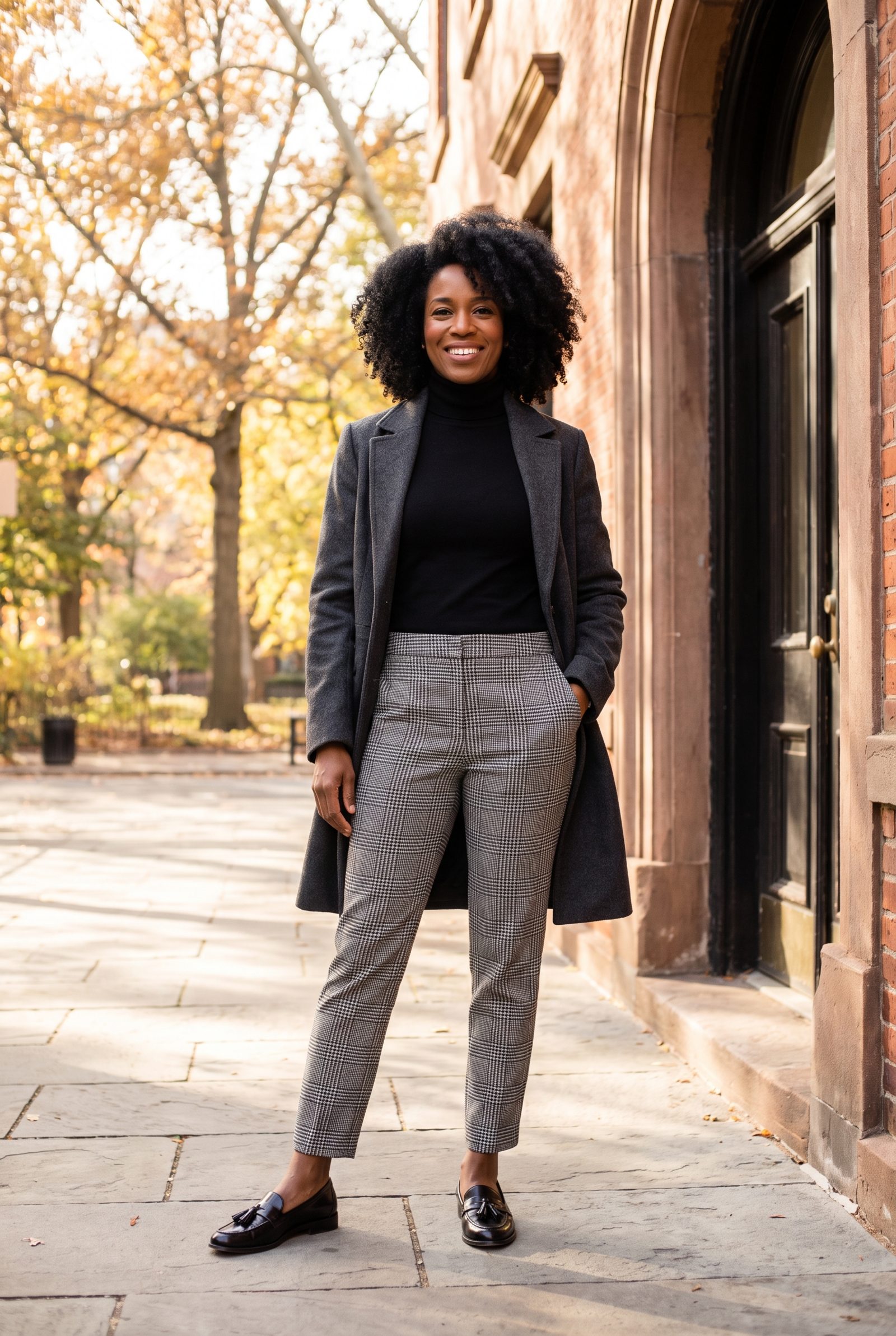 Plaid Ankle Pants With Black Tassel Loafers
