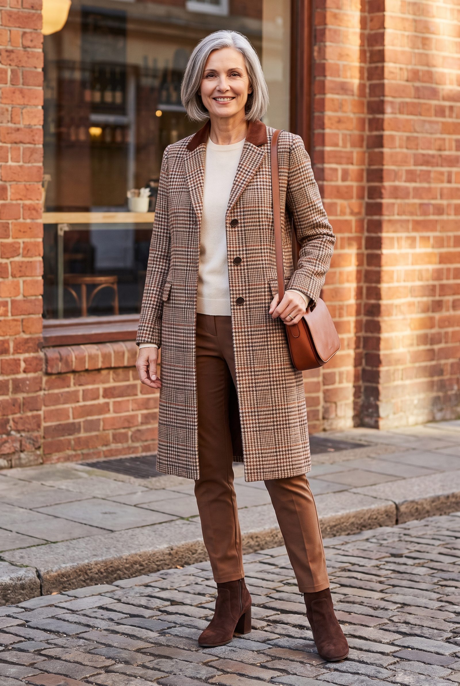 Plaid Crombie Coat + Chocolate Heeled Boots