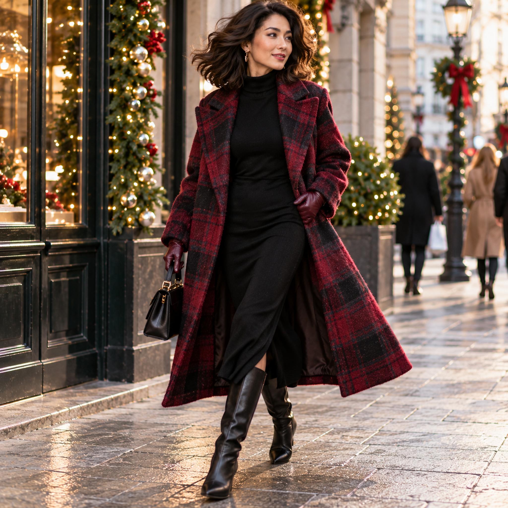 Brunette woman walking along a festive city sidewalk in a sweeping burgundy-and-charcoal plaid wool coat over a black dress and tall leather boots