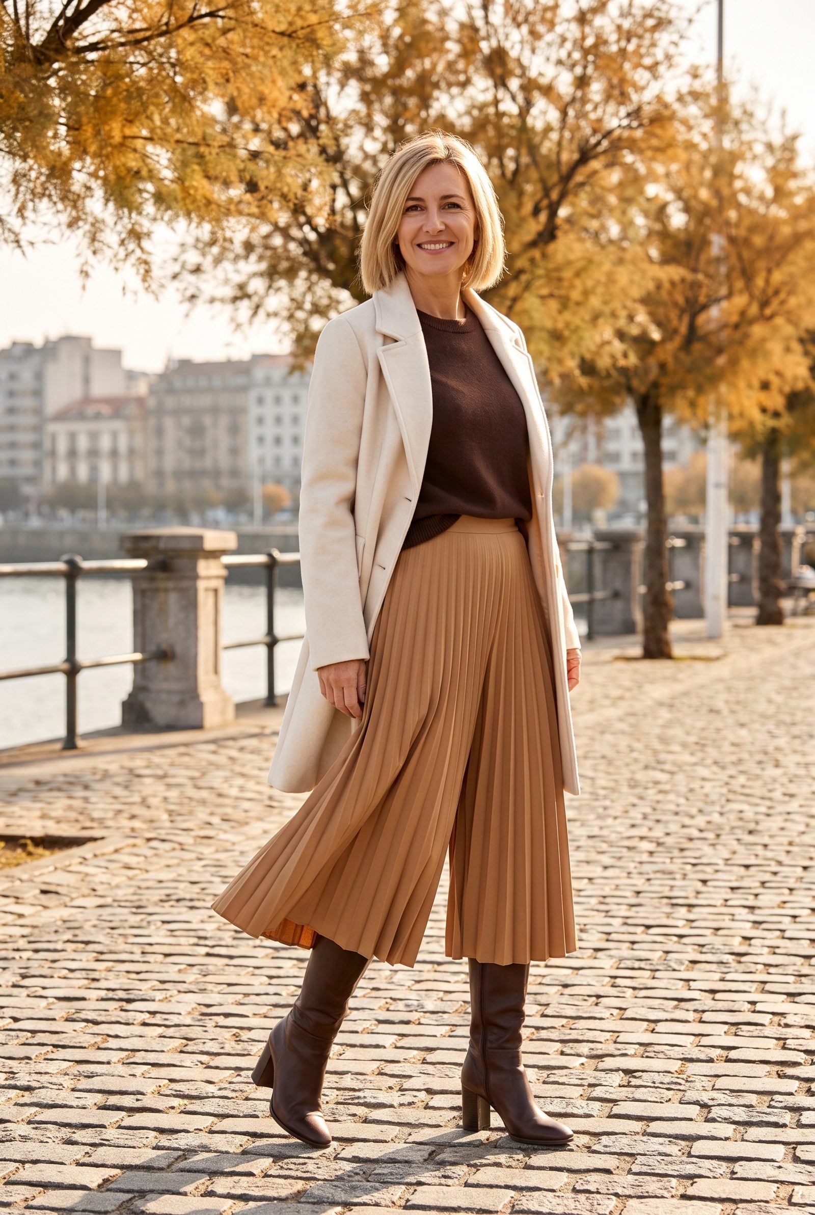 Pleated Culottes With Tall Block-Heel Boots