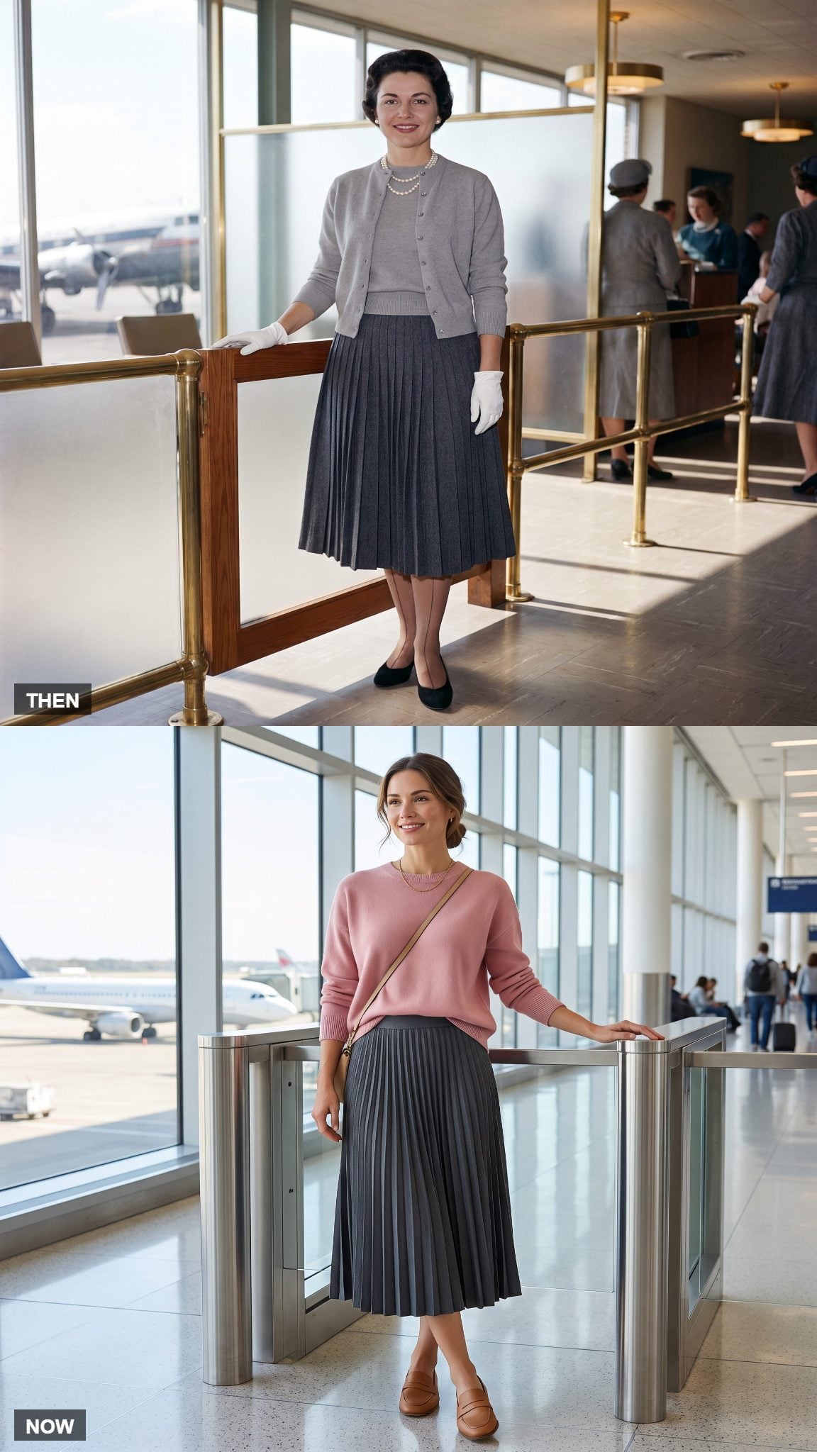 Vintage pleated skirt and twinset compared with a modern pleated midi skirt and sweater