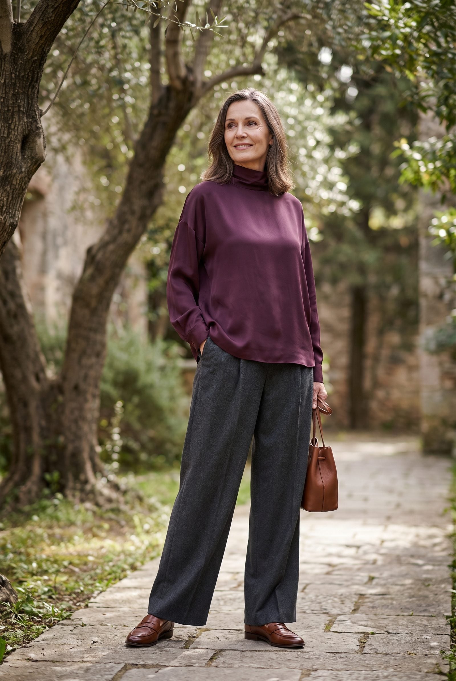 Plum Blouse With Charcoal Pleated Trousers