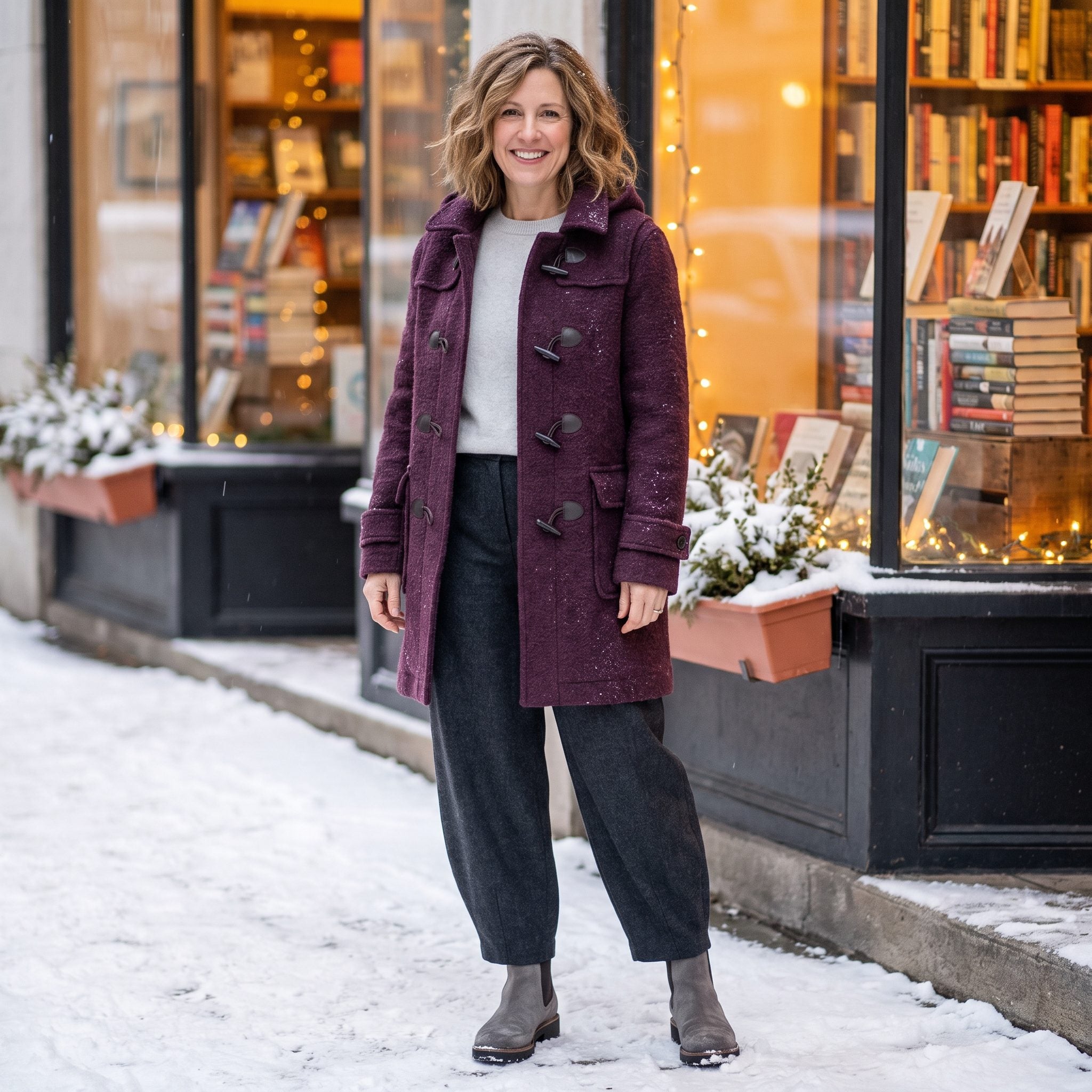 Plum duffle coat with charcoal trousers and gray winter boots