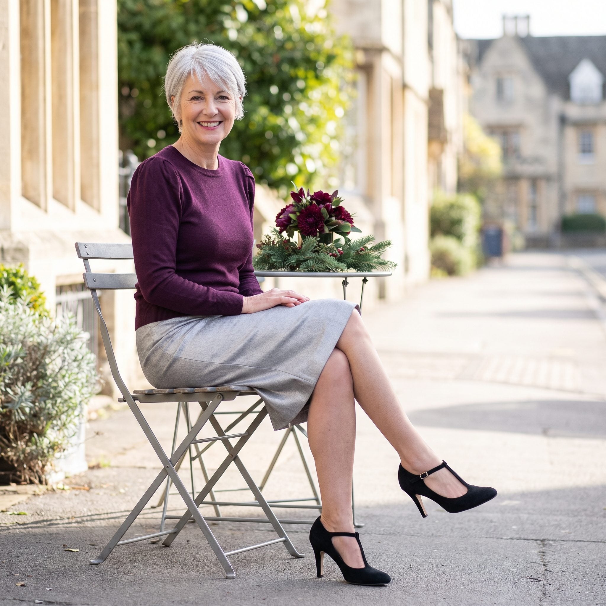 Plum merino sweater with a brushed-silver pencil skirt
