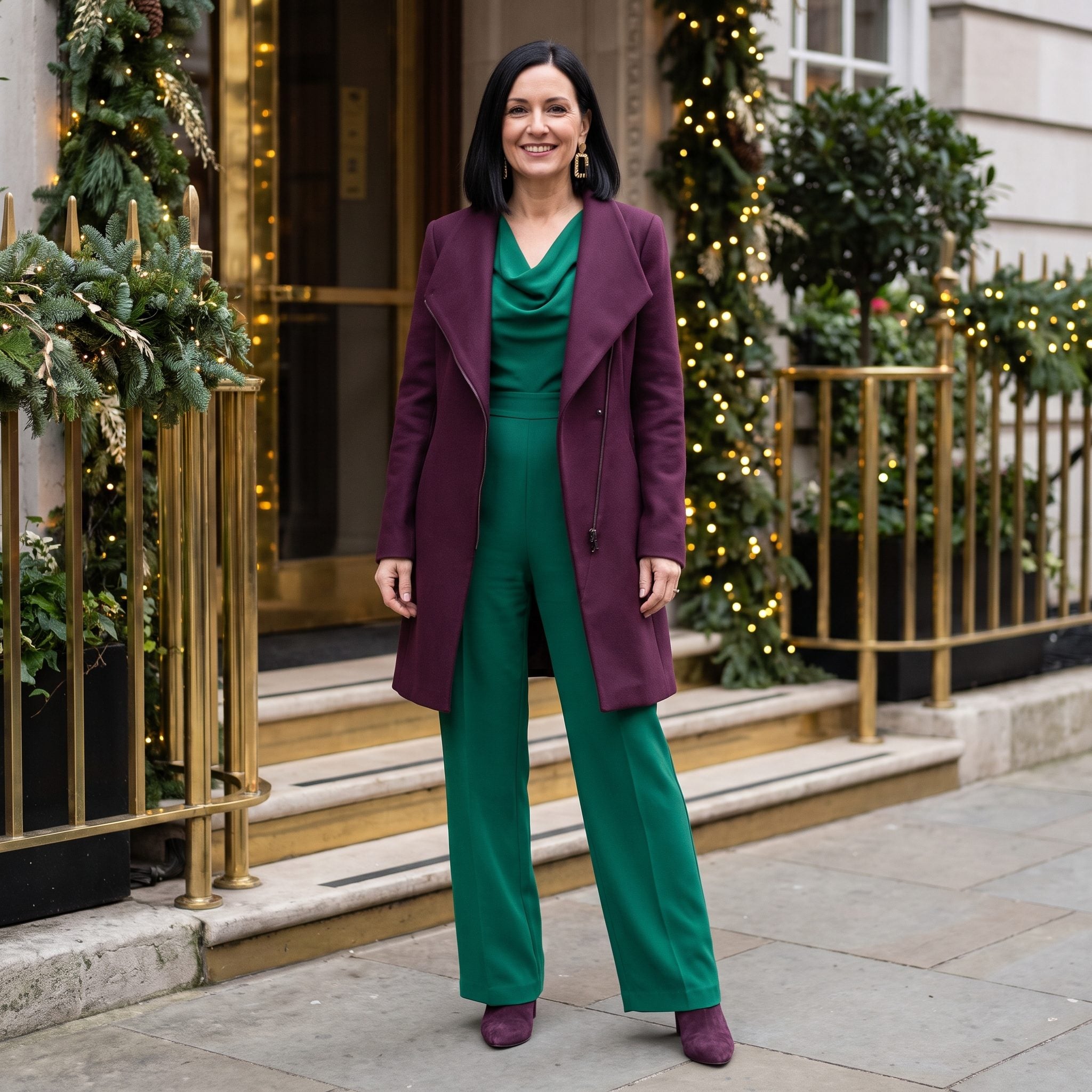 Plum asymmetric side-fastening coat worn over an emerald velvet jumpsuit