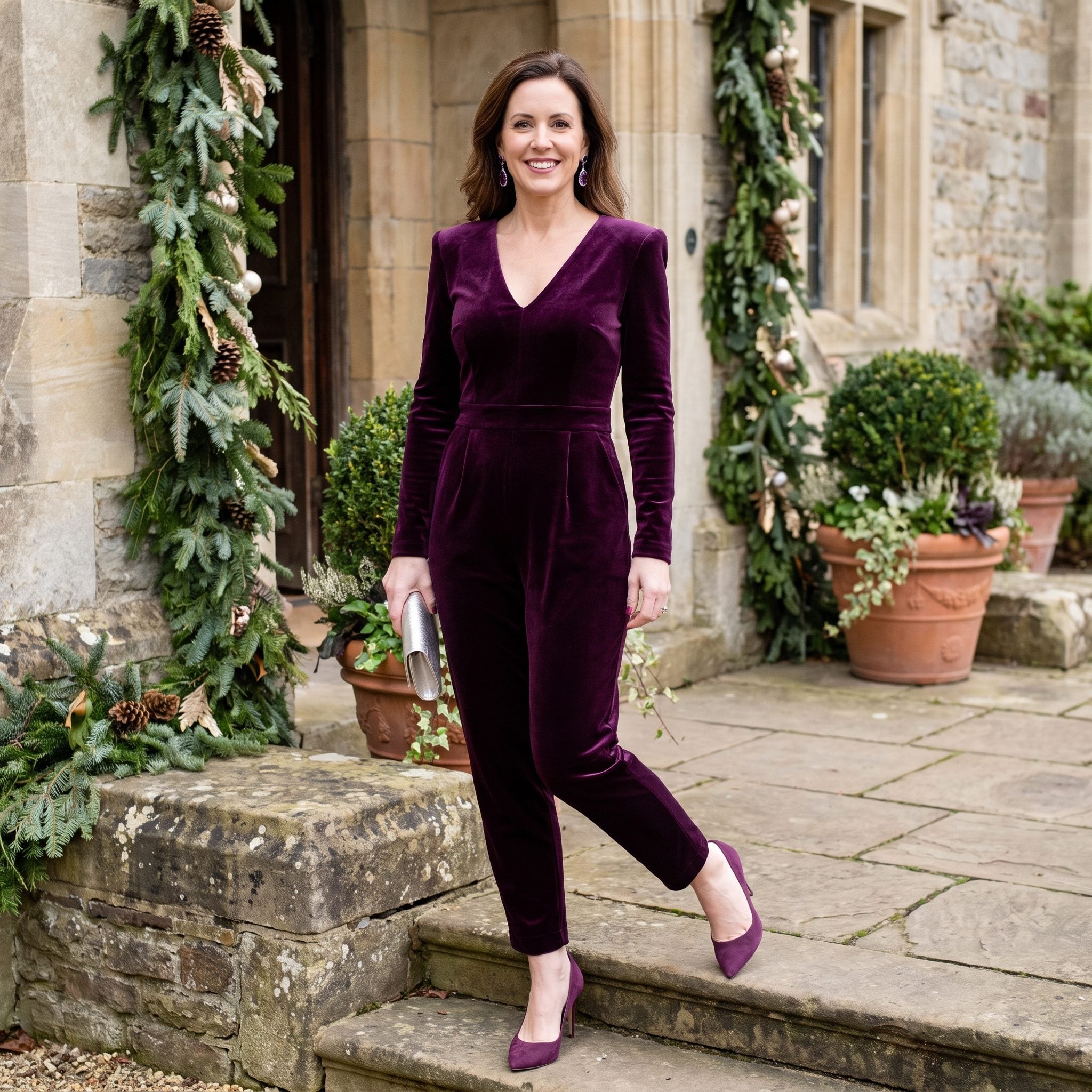 Plum Velvet Jumpsuit With a Sculpted Waist