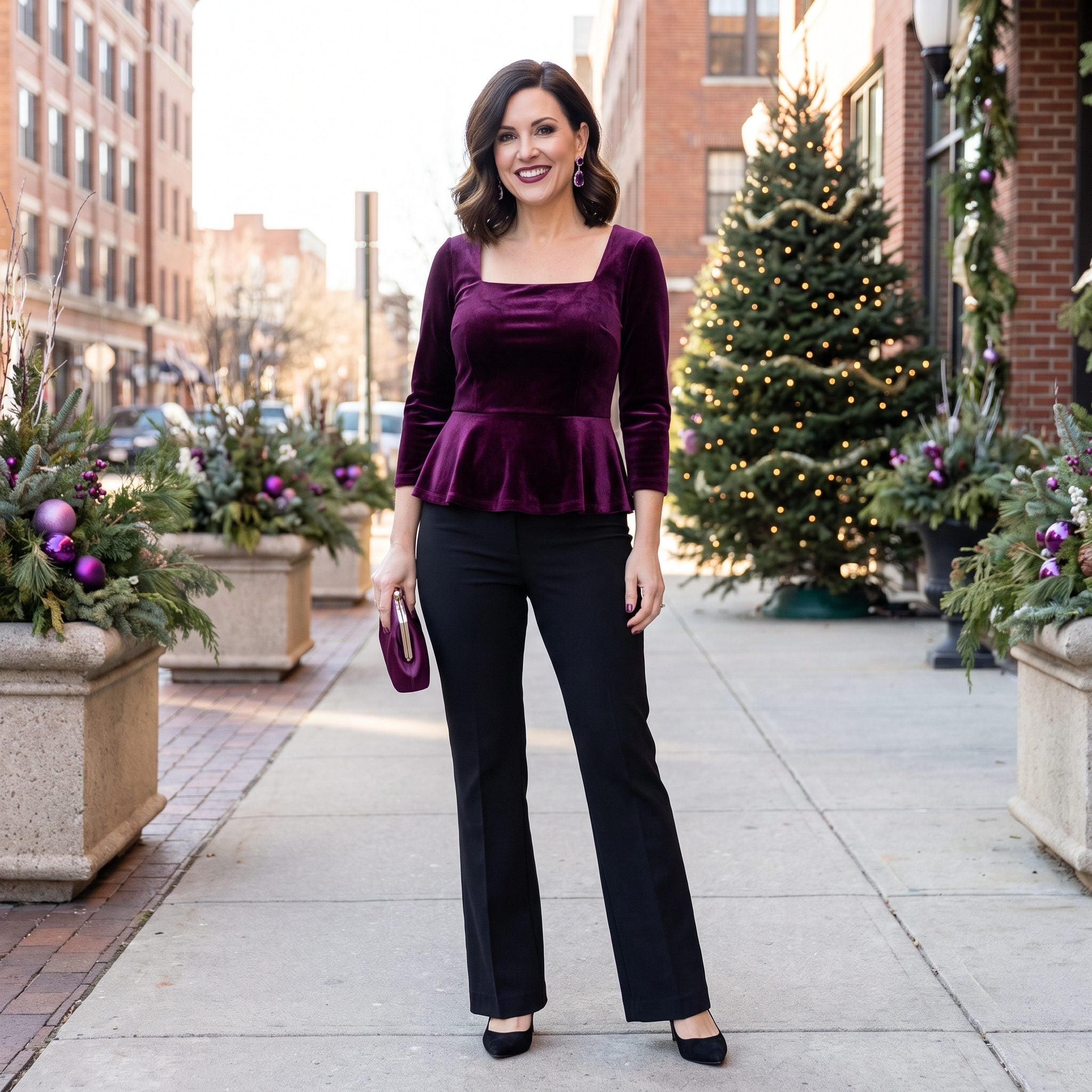 Plum velvet peplum top styled with black flared trousers