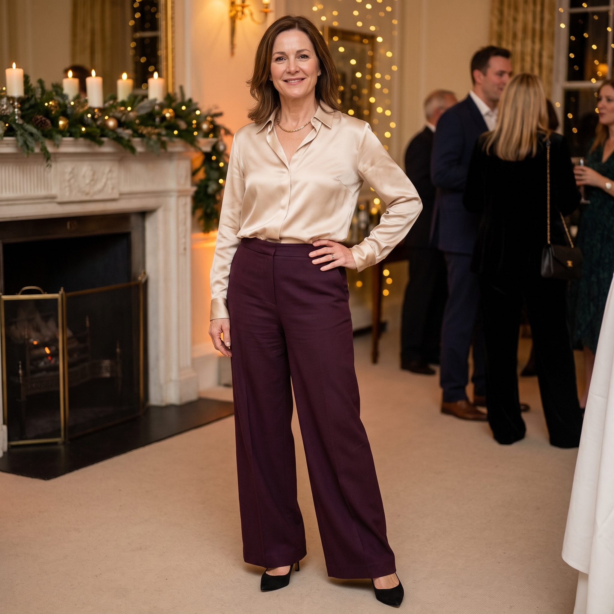 Plum Wide-Leg Trousers with a Silk Blouse