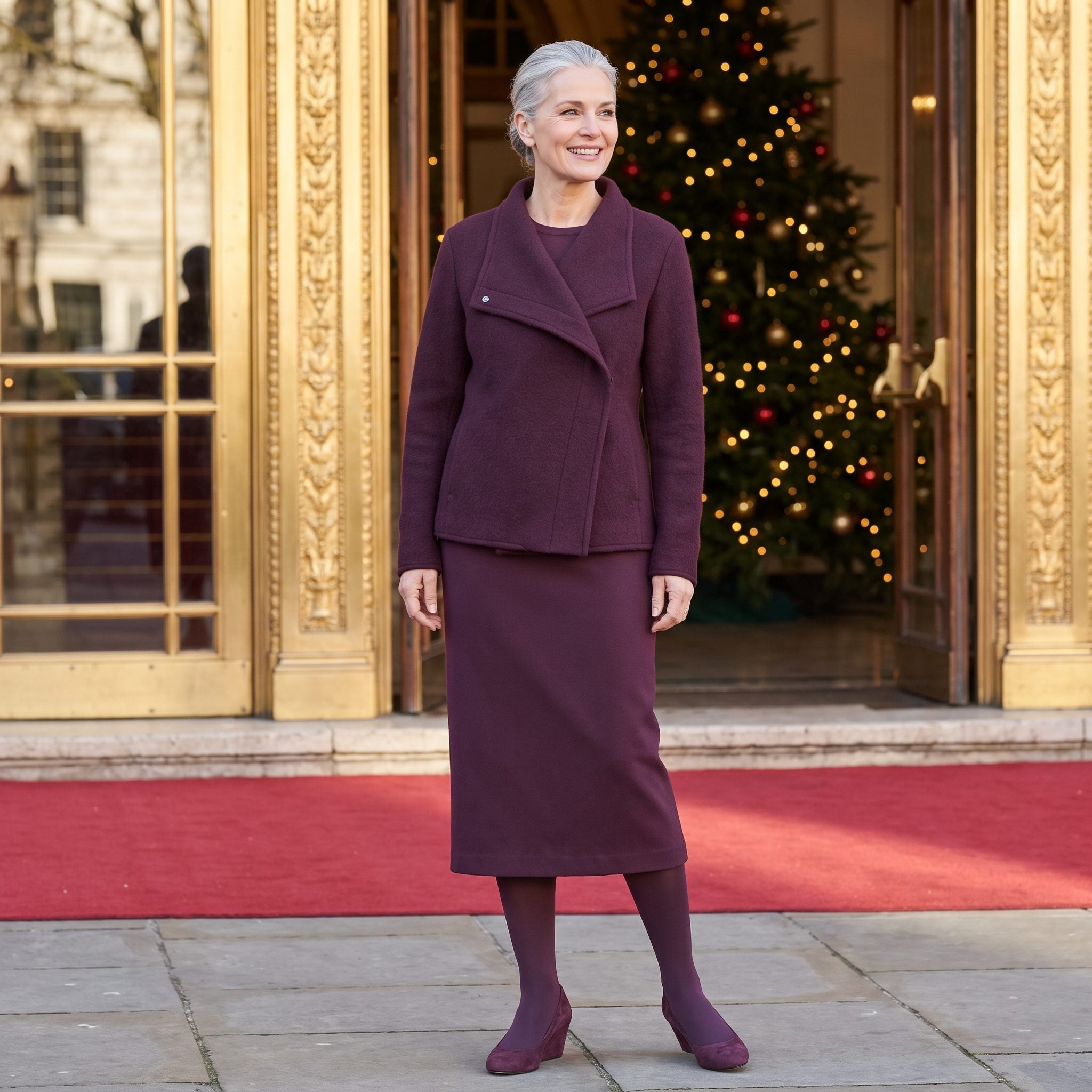 Plum Wrap Suit with Suede Wedges