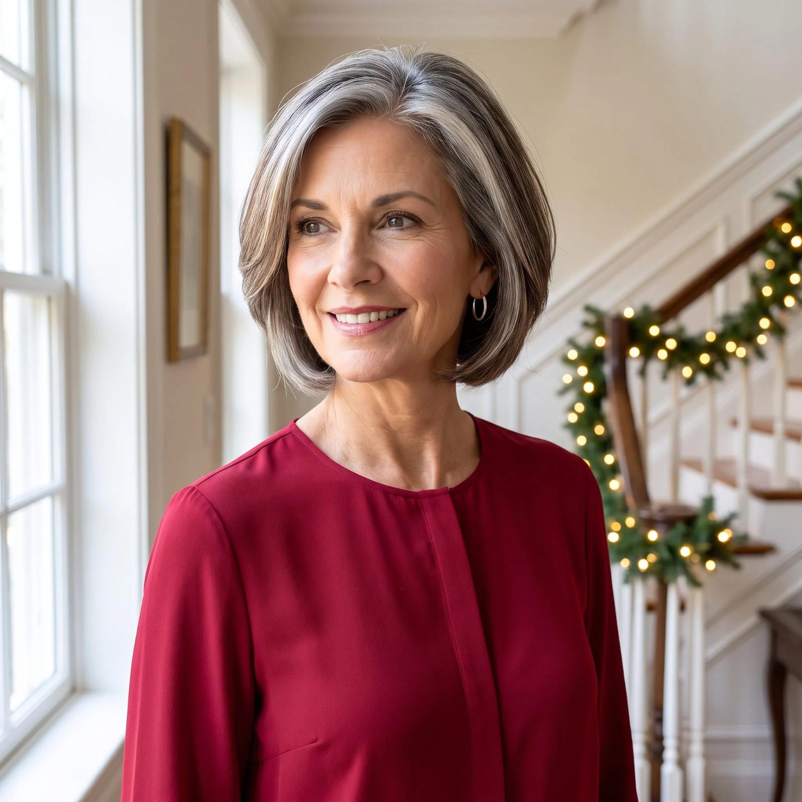 Woman with a polished graduated bob and silver-blended brunette hair