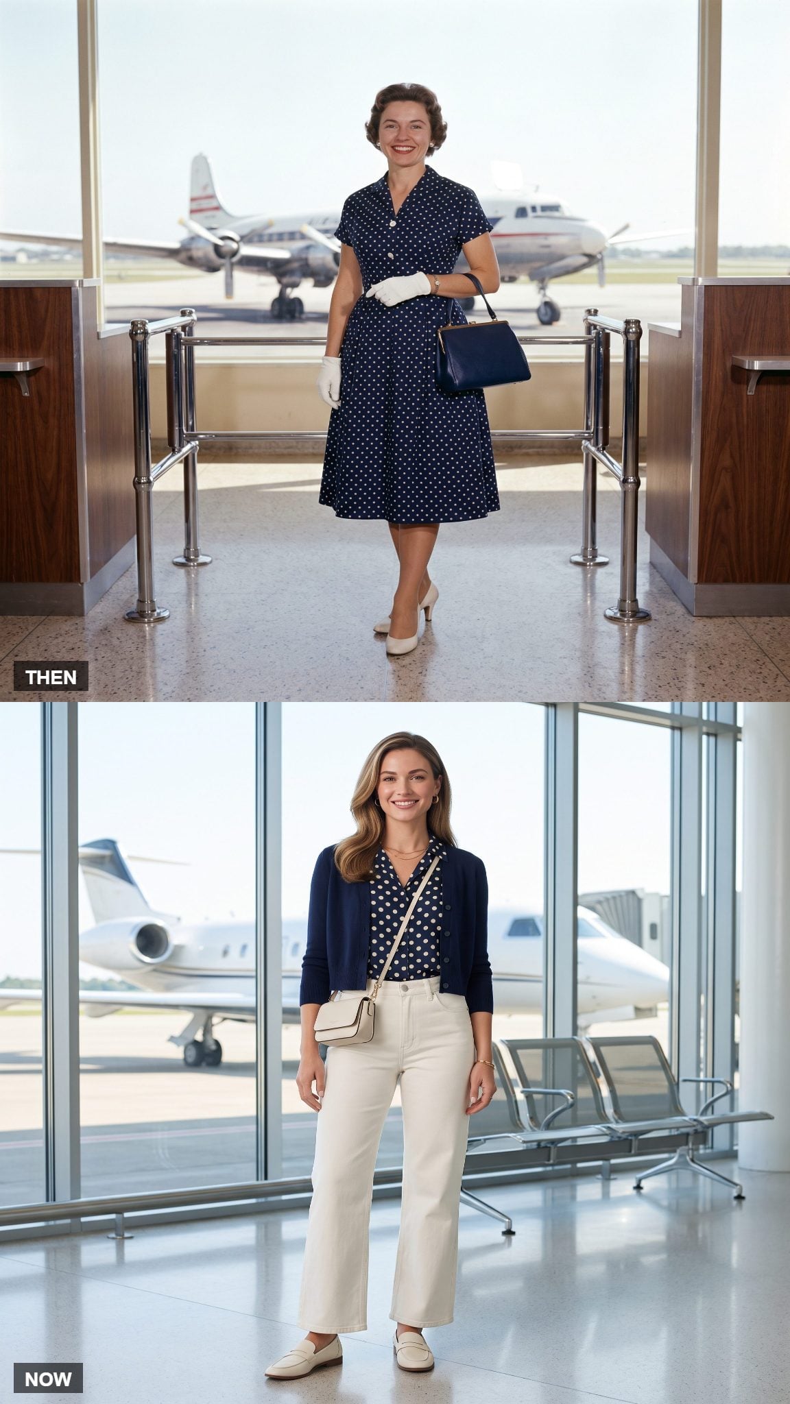 Vintage navy polka-dot dress compared with modern polka-dot blouse and ivory wide-leg jeans