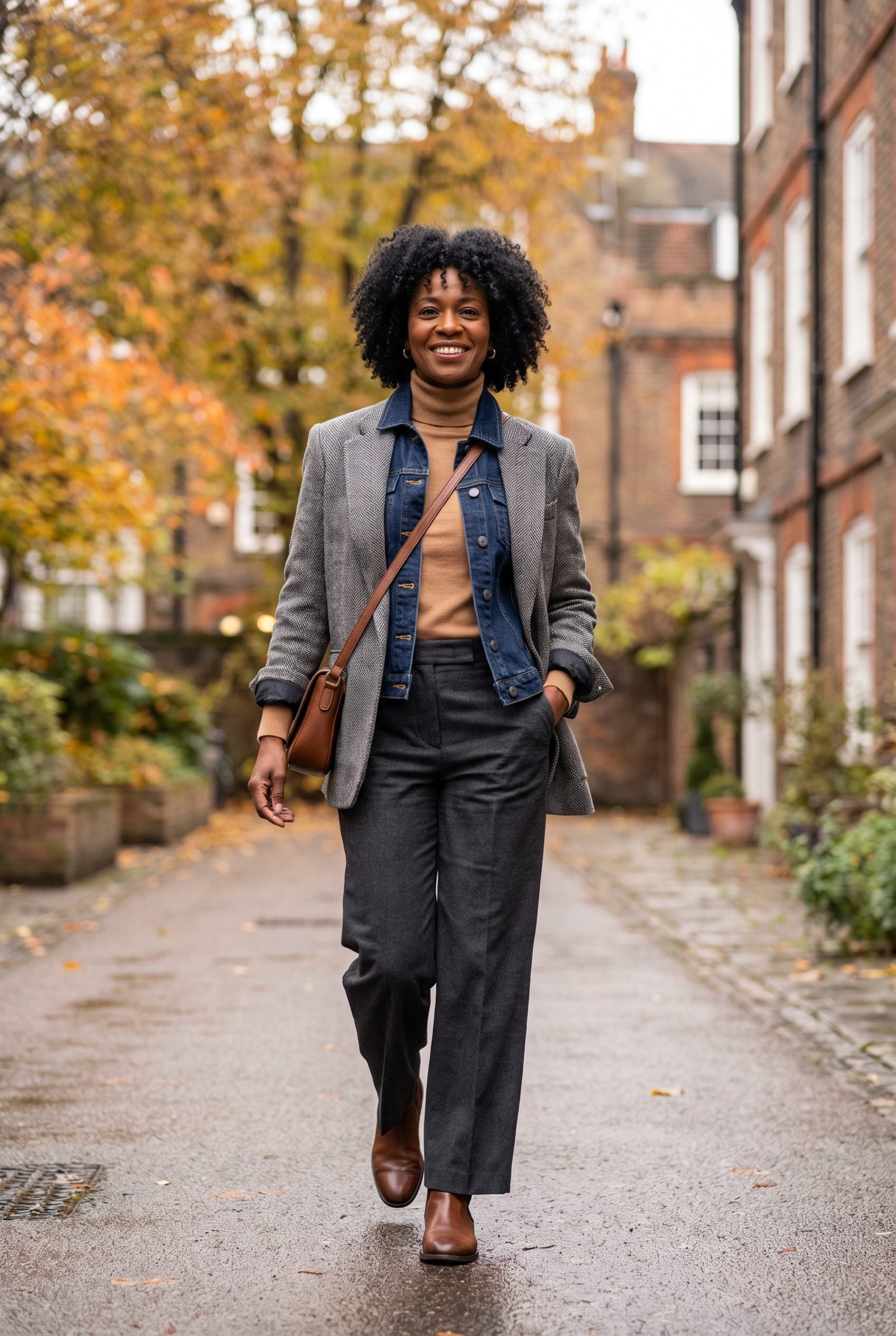 Polo-Neck Sweater + Denim Vest + Herringbone Jacket