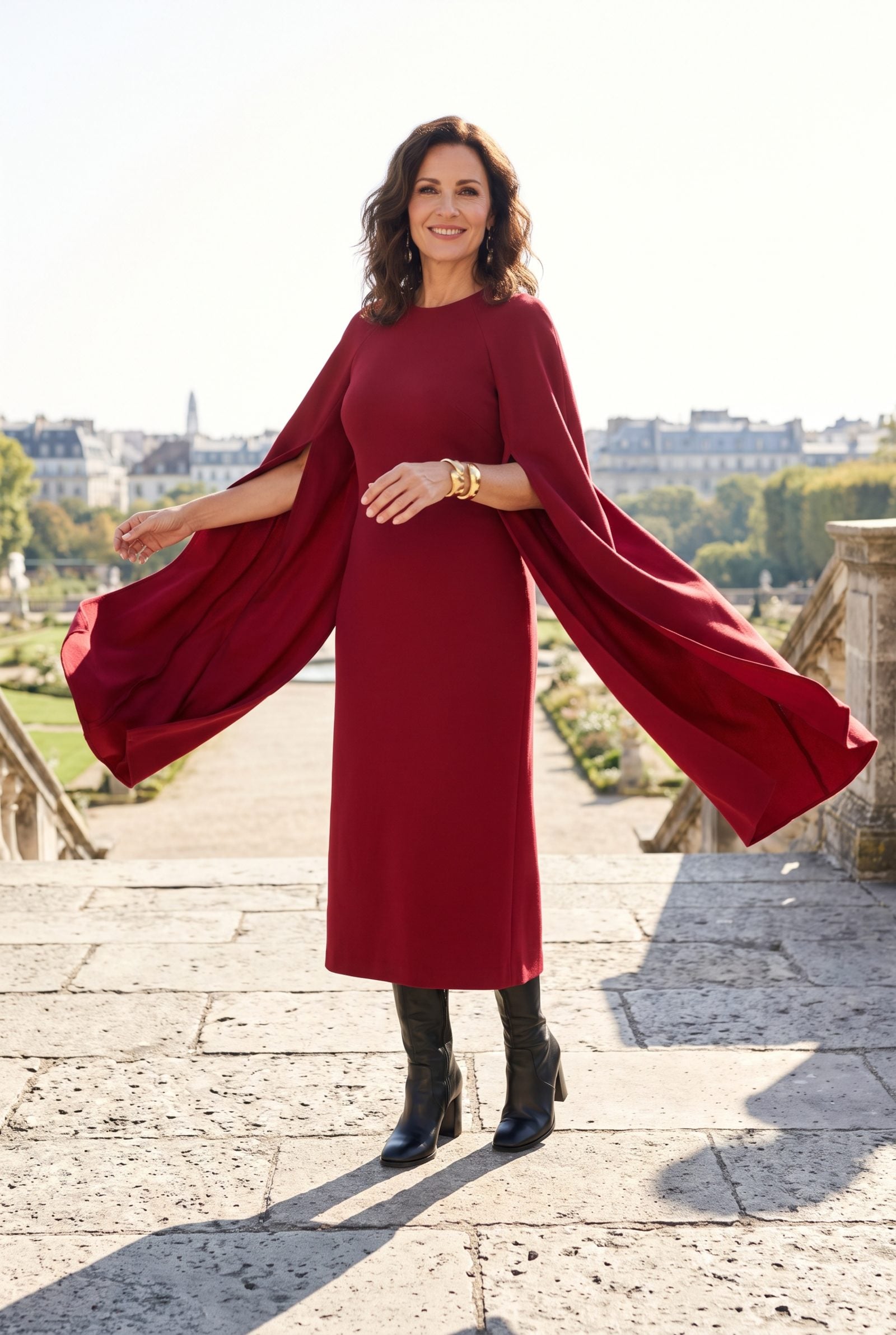 Pomegranate Cape-Sleeve Dress With Black Ankle Boots