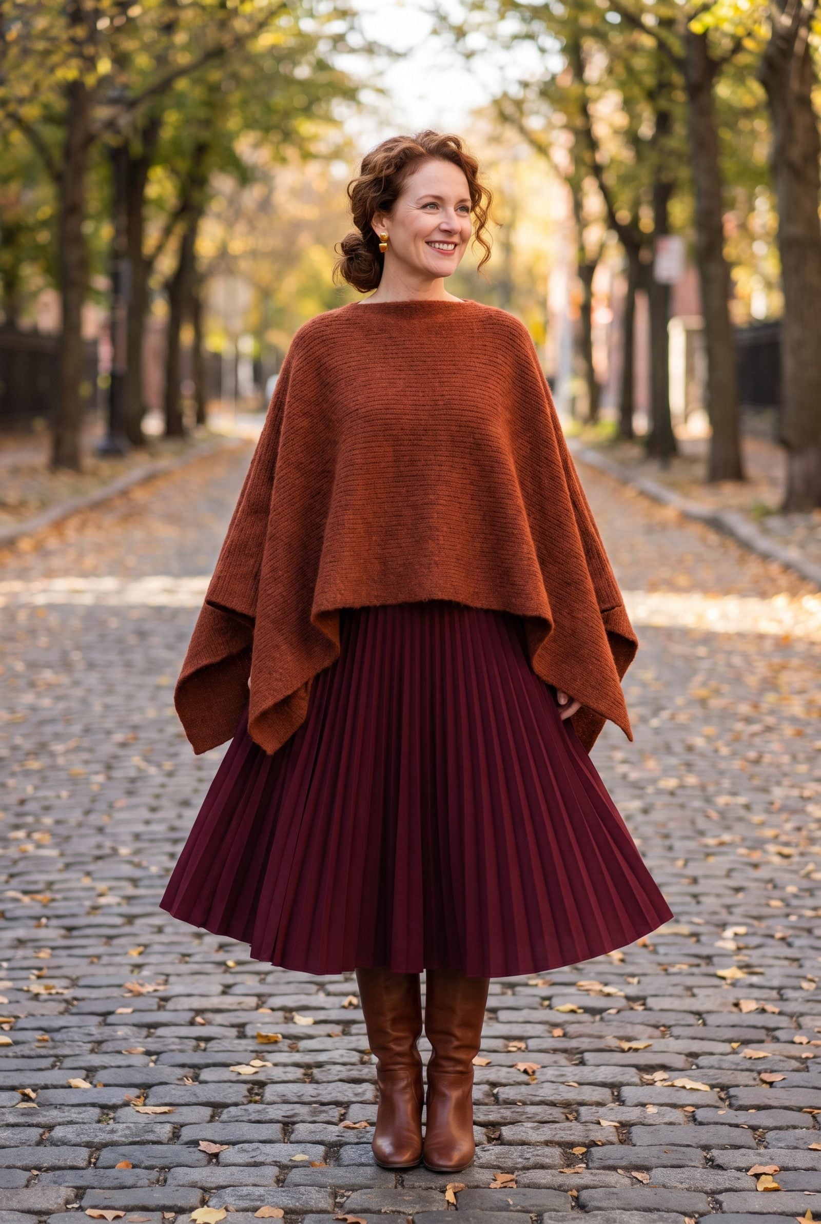 Woman in a rust wool poncho over a full pleated midi skirt and knee-high boots, with volume at both shoulders and hips.